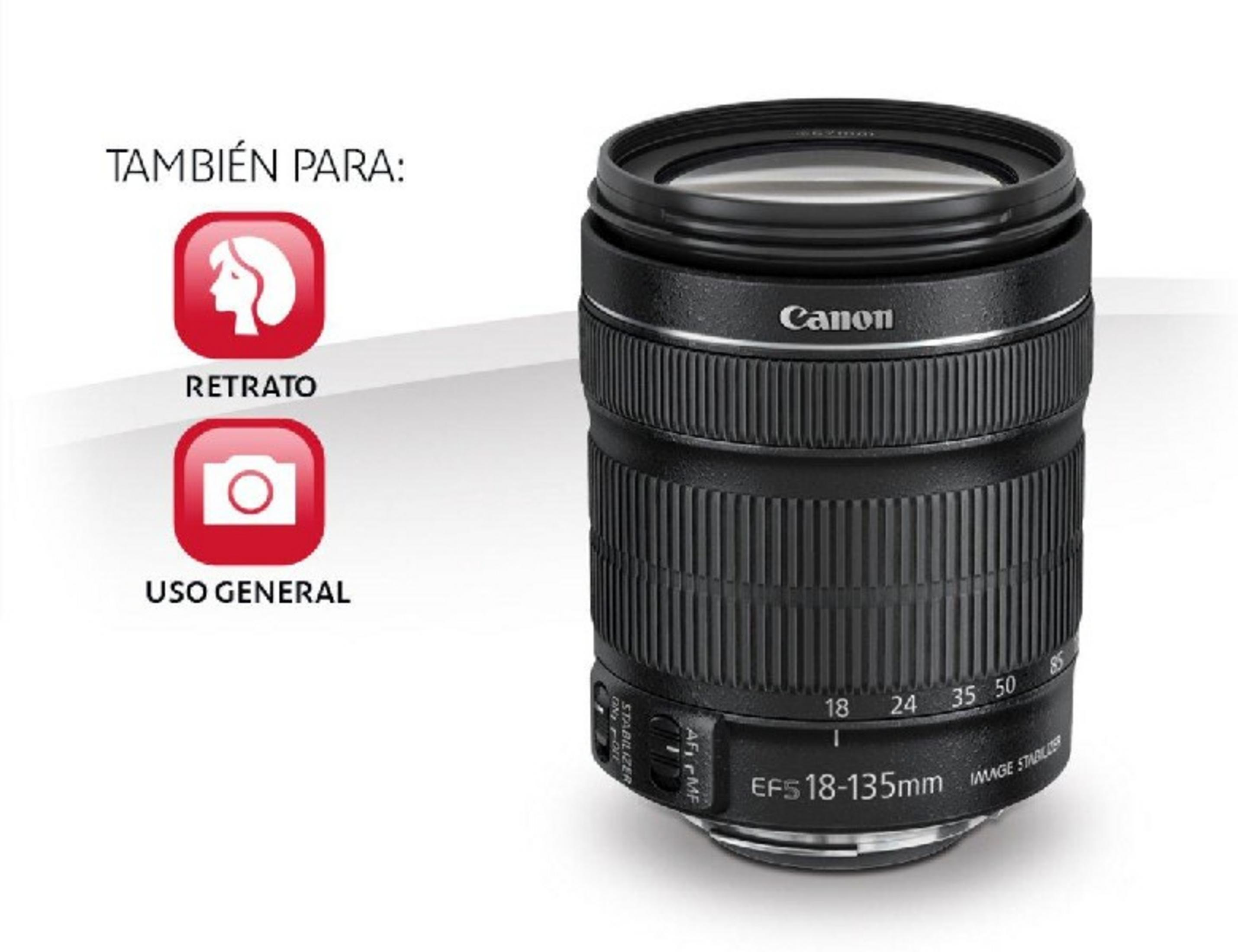 Obiettivo Canon EFS 18-135mm con icone per ritratto e uso generale.