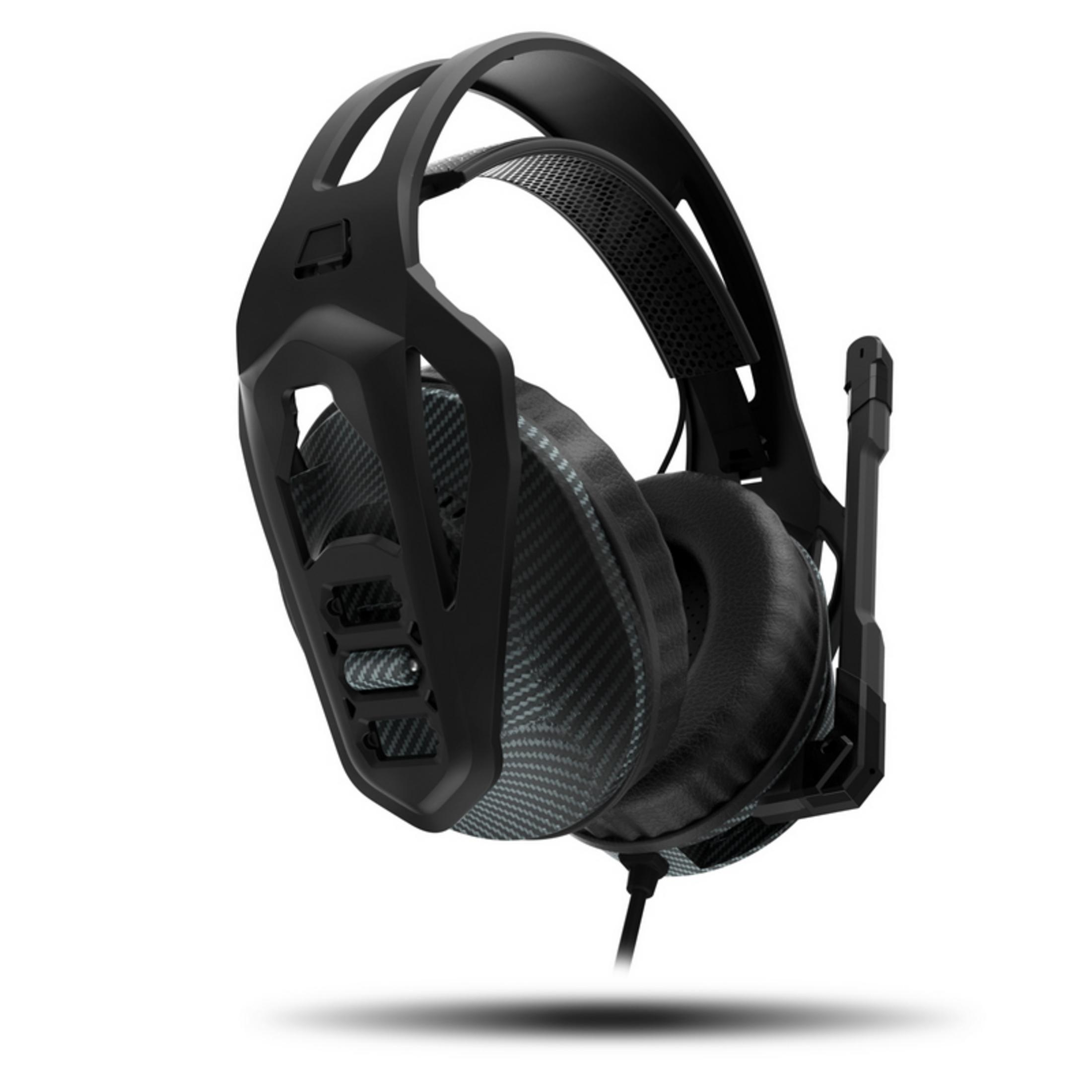 Schwarzes Gaming-Headset mit Karbonfaser-Akzenten und flexiblem Mikrofon.