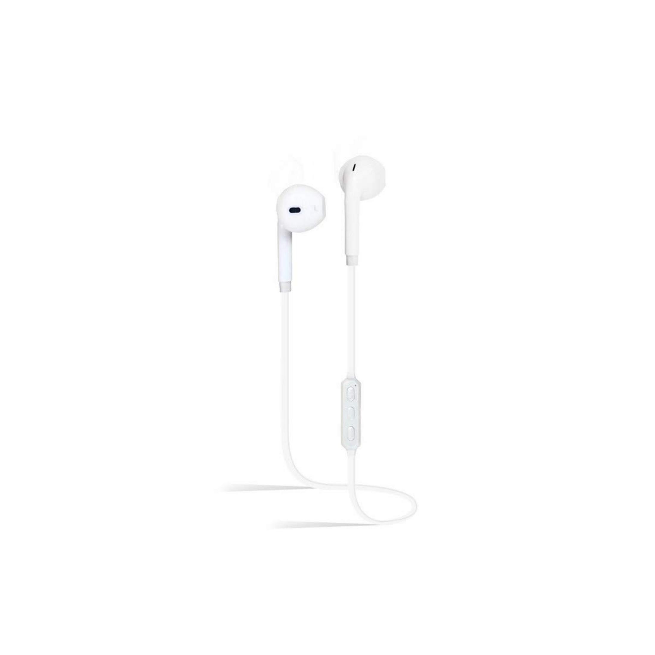 Auricolari bianchi con filo e controlli in linea su sfondo bianco.