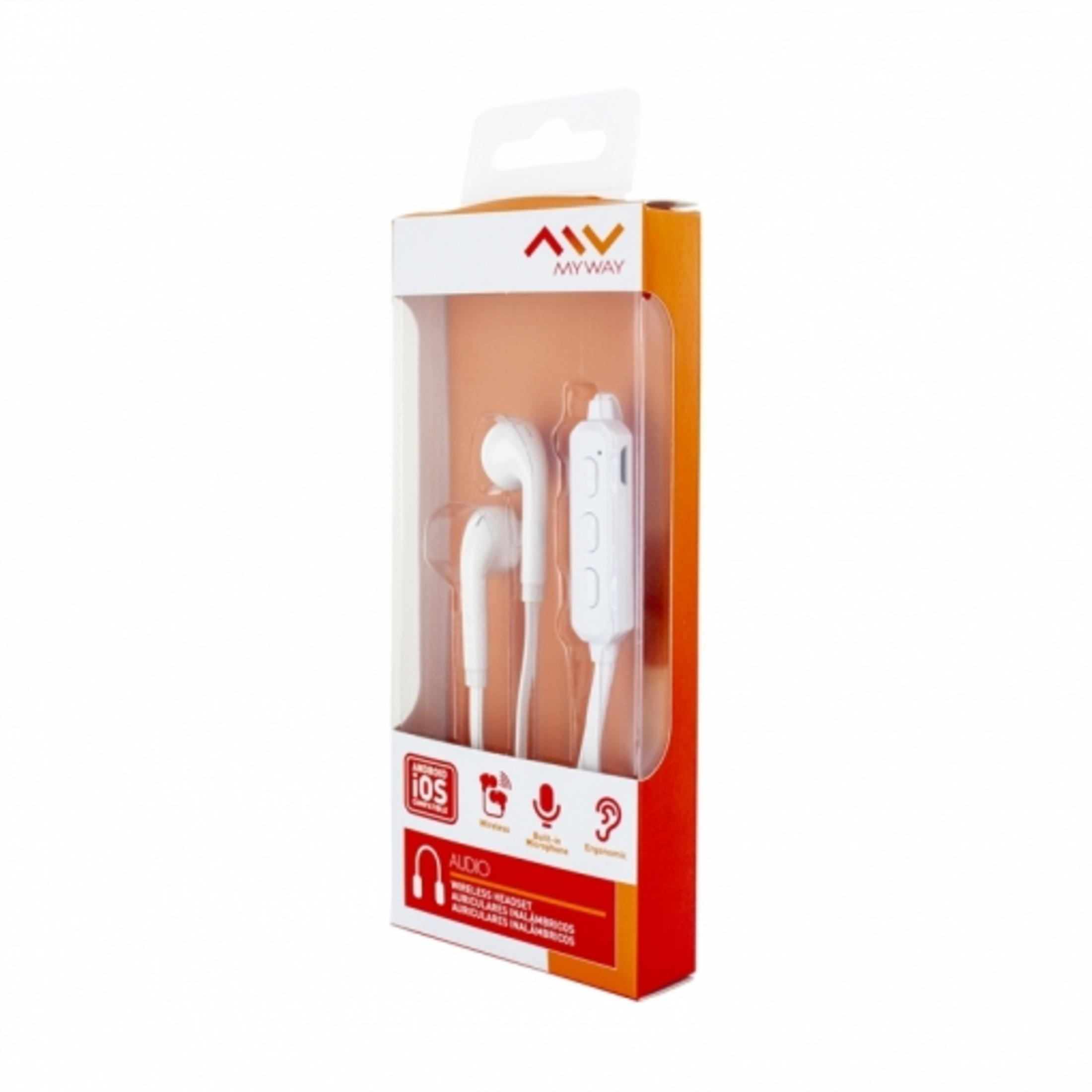 Confezione con auricolari bianchi in-ear e microfono. Accenti arancioni.