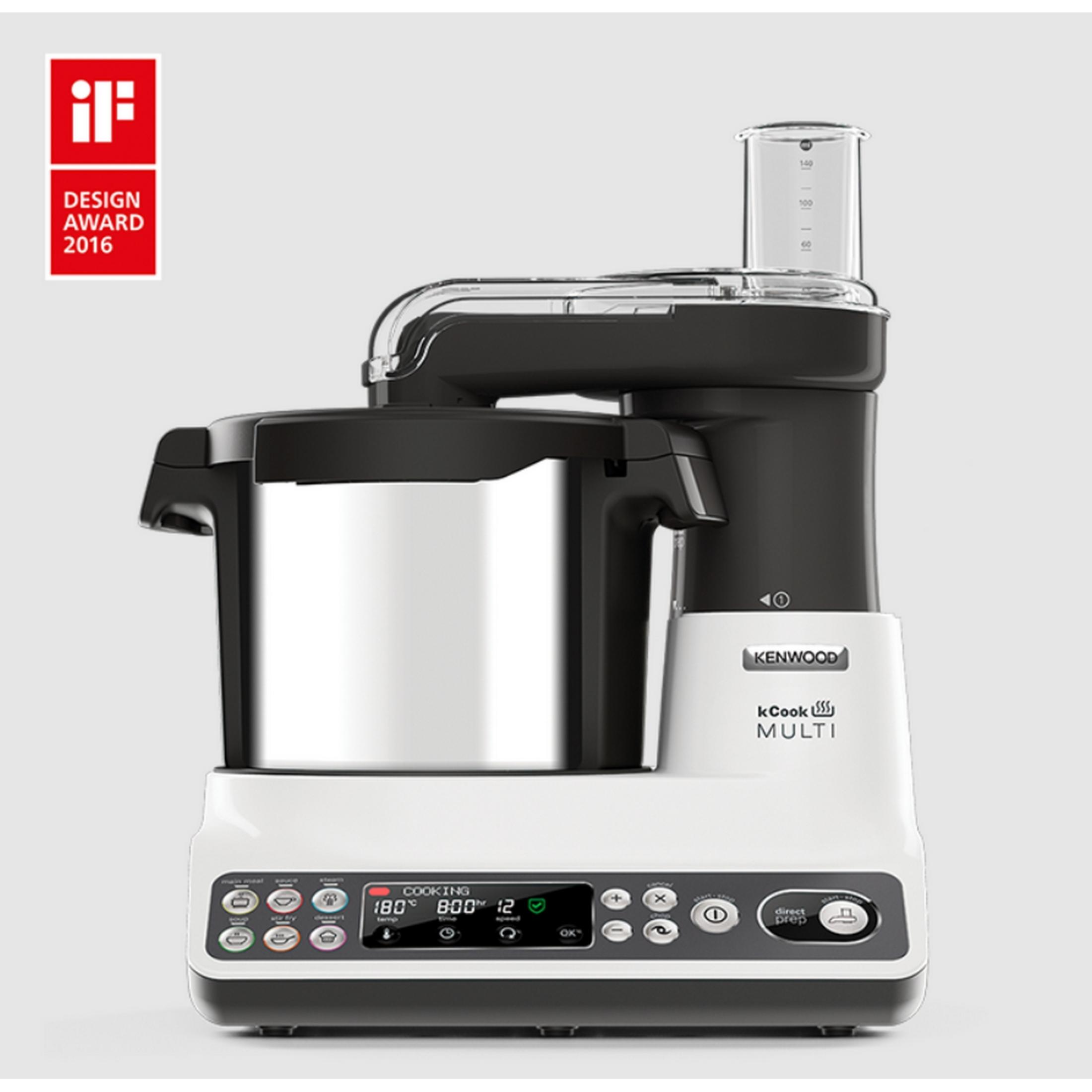 Un procesador de alimentos Kenwood kCook Multi blanco y negro con pantalla digital.