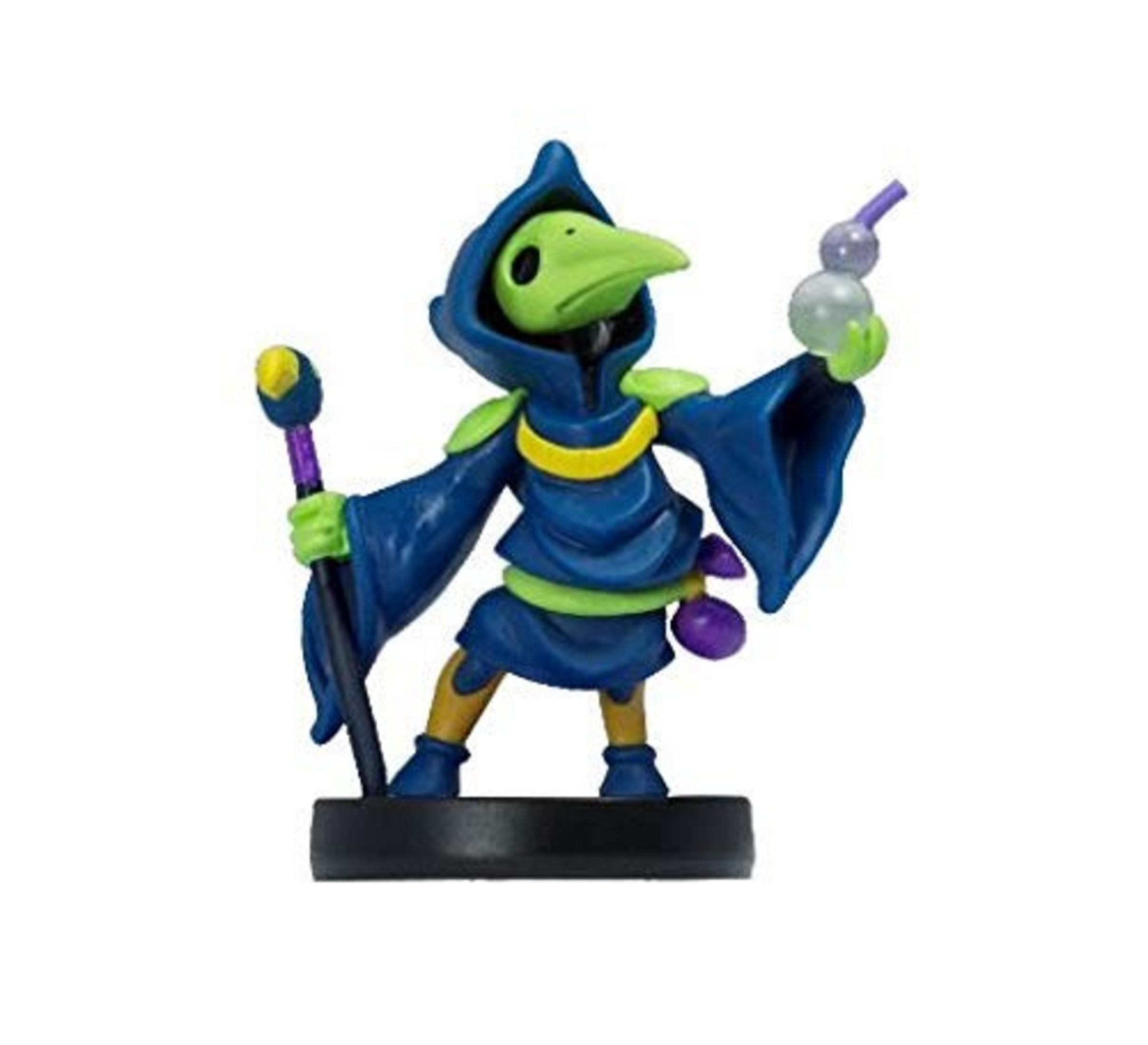 Une figure verte en forme d'oiseau, robe bleue, tient un bâton et un orbe.