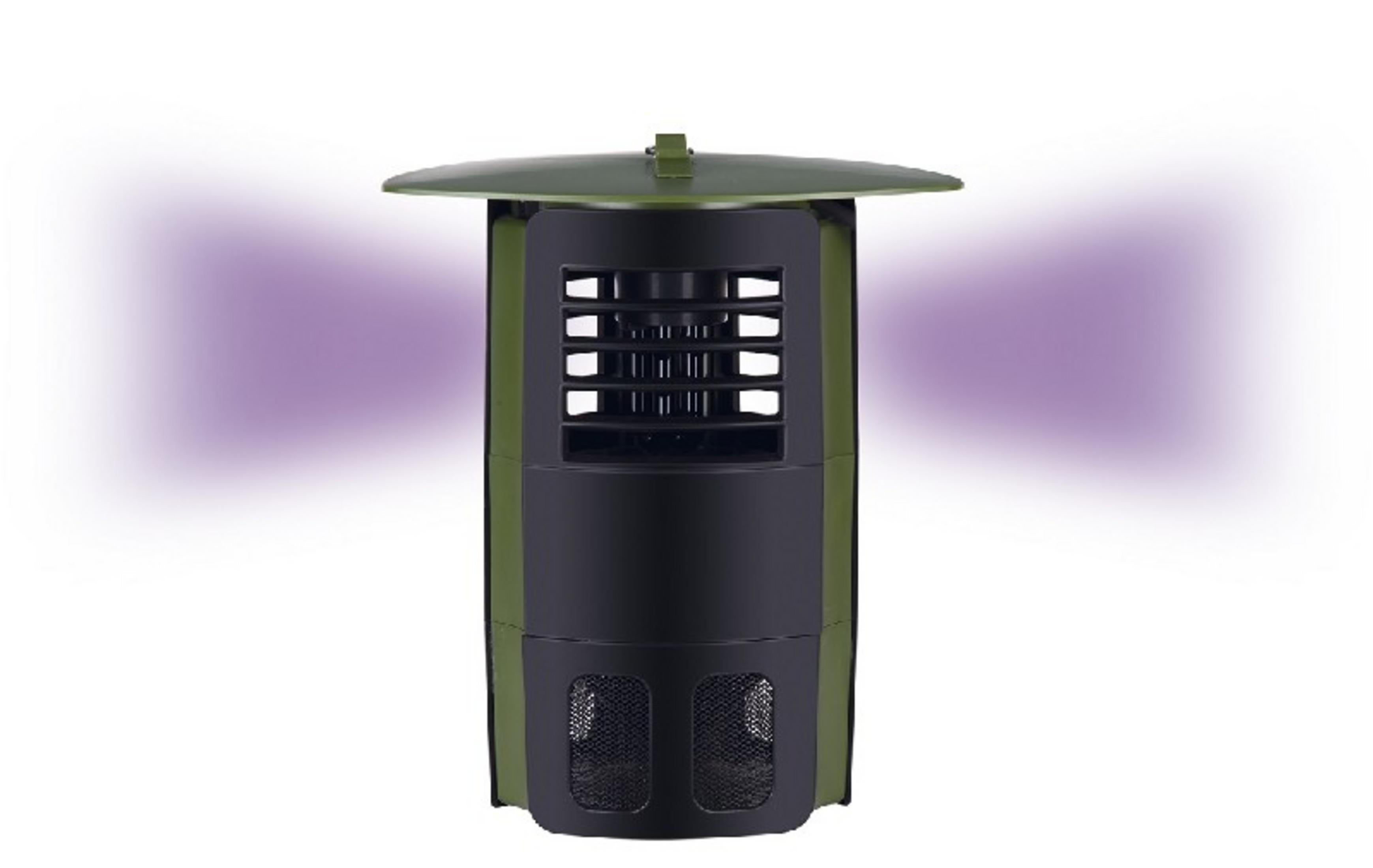 Un insecticida verde y negro que emite rayos de luz morada.