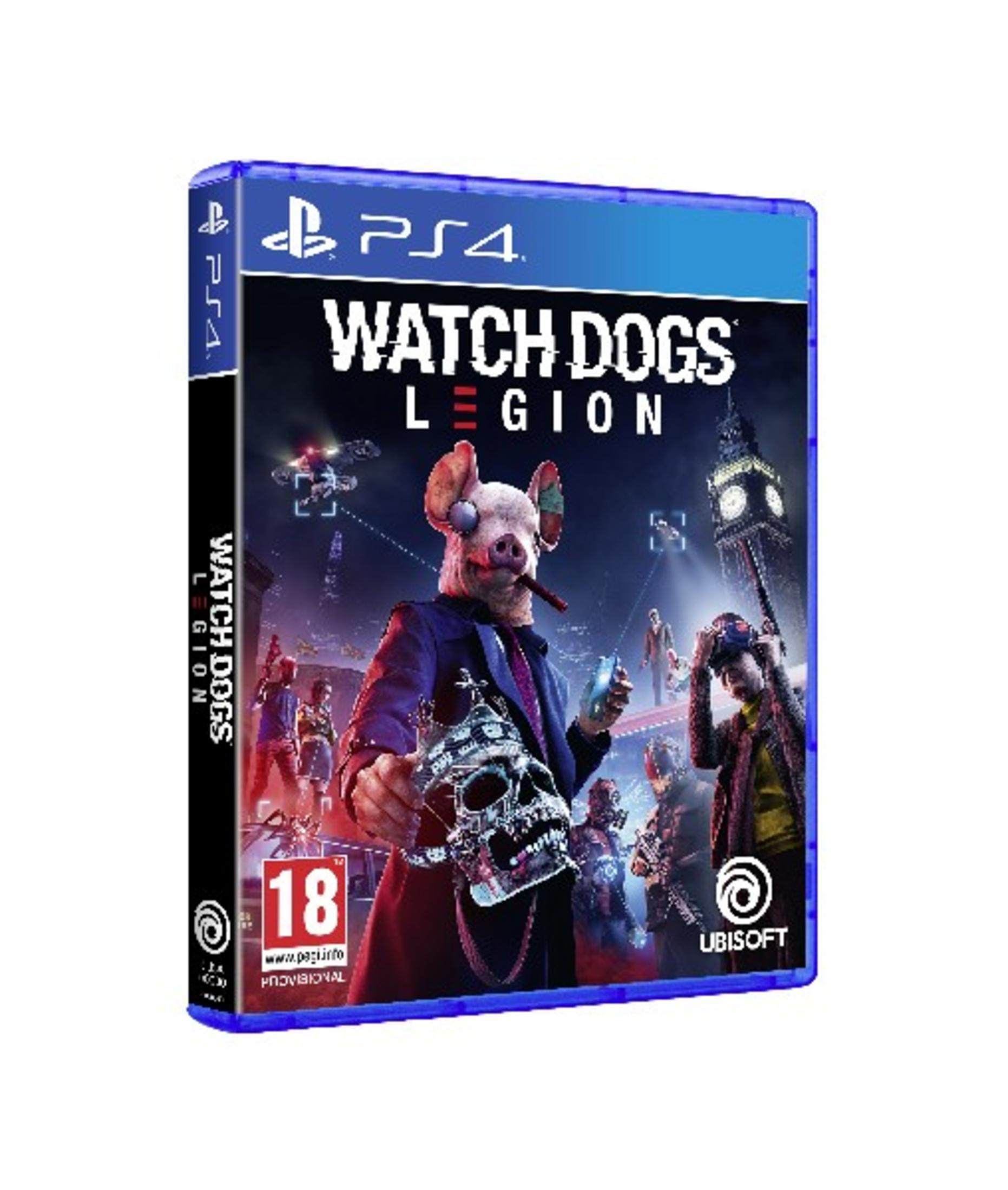 Okładka PS4 Watch Dogs Legion: Mężczyzna w masce świni na tle panoramy Londynu.