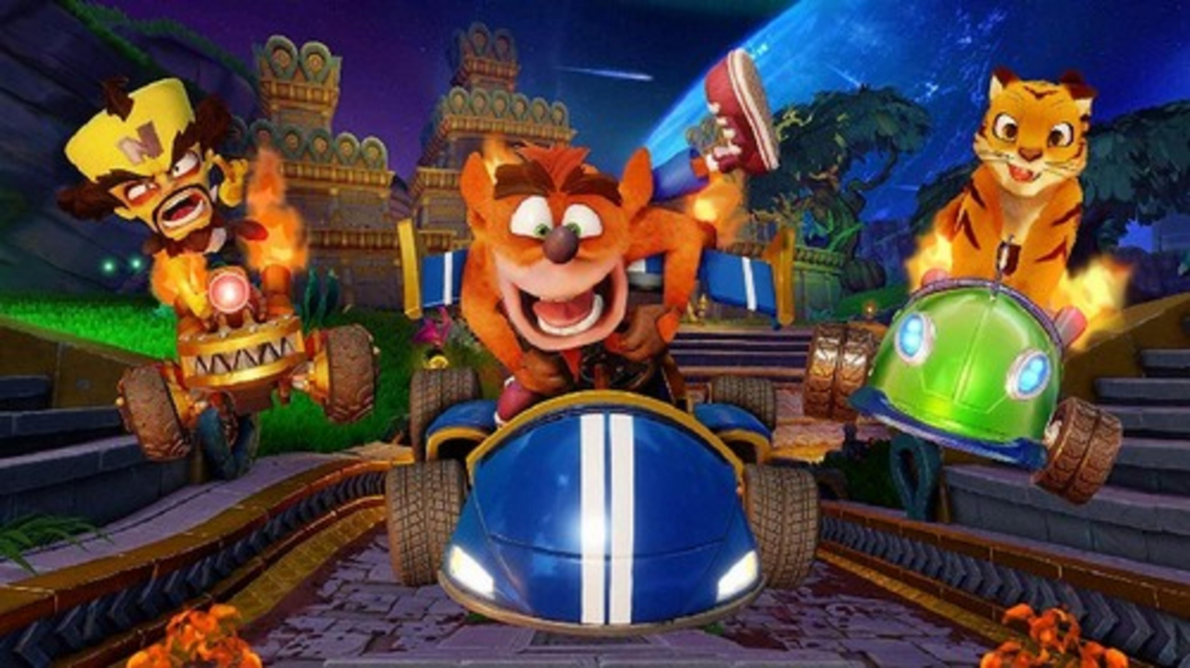 Personaggi di Crash Bandicoot gareggiano su go-kart colorati in una pista vibrante.