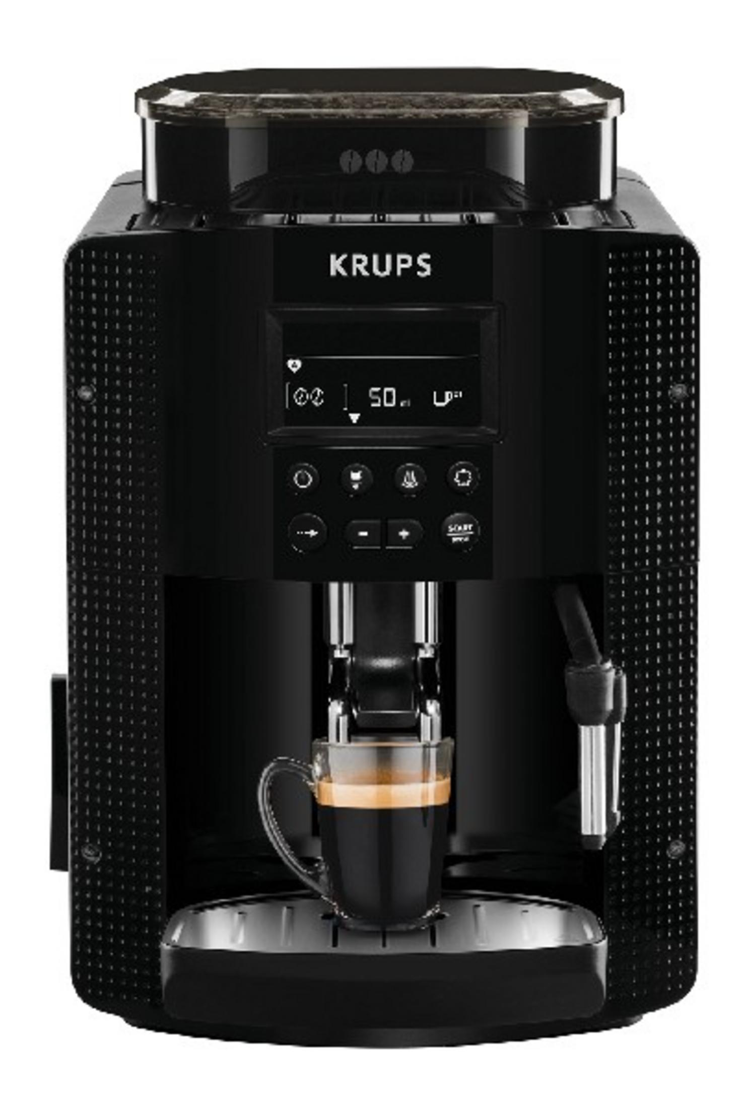 Macchina da caffè Krups nera con un bicchiere di espresso.