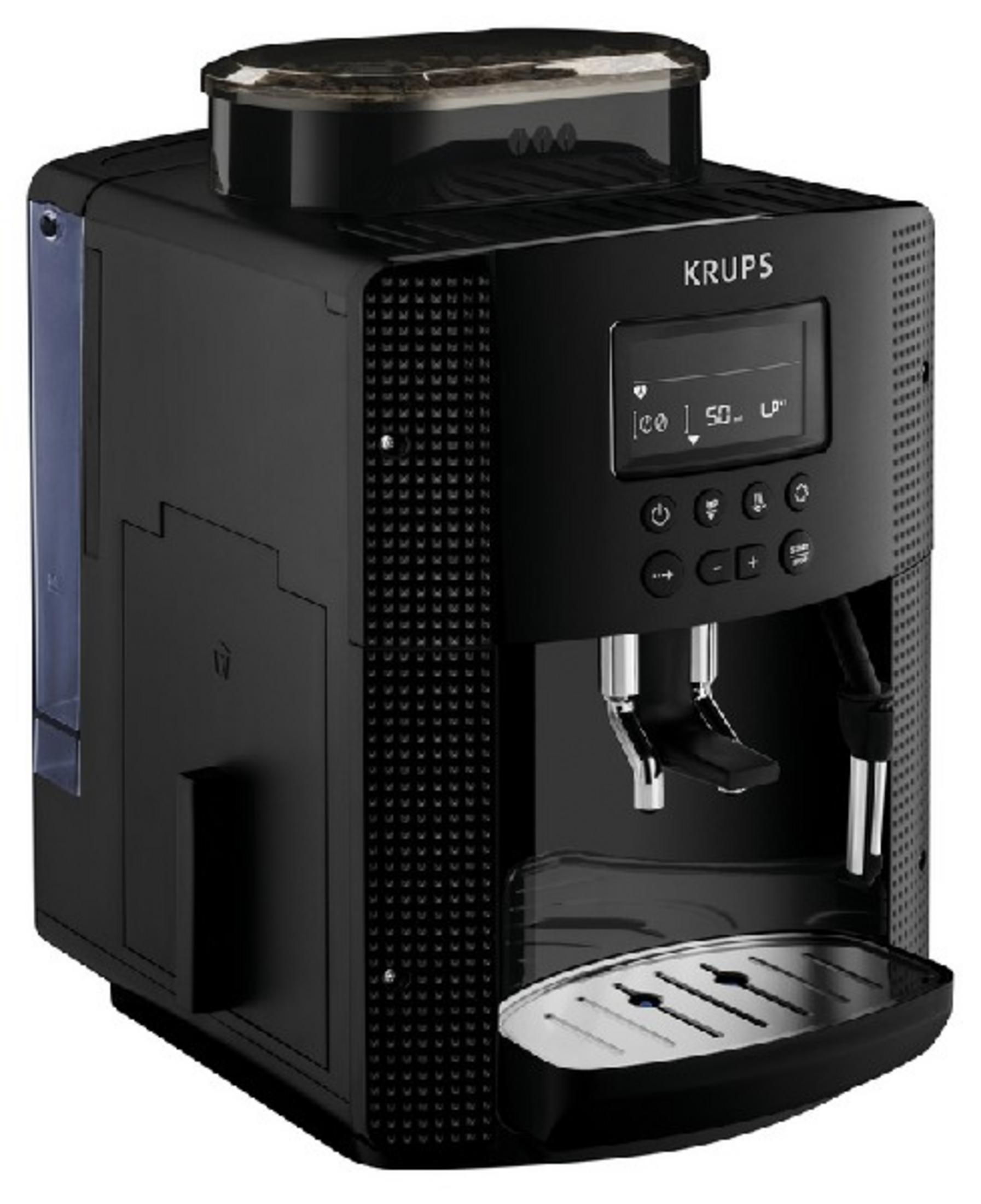 Macchina da caffè Krups nera con display LCD e serbatoio acqua.