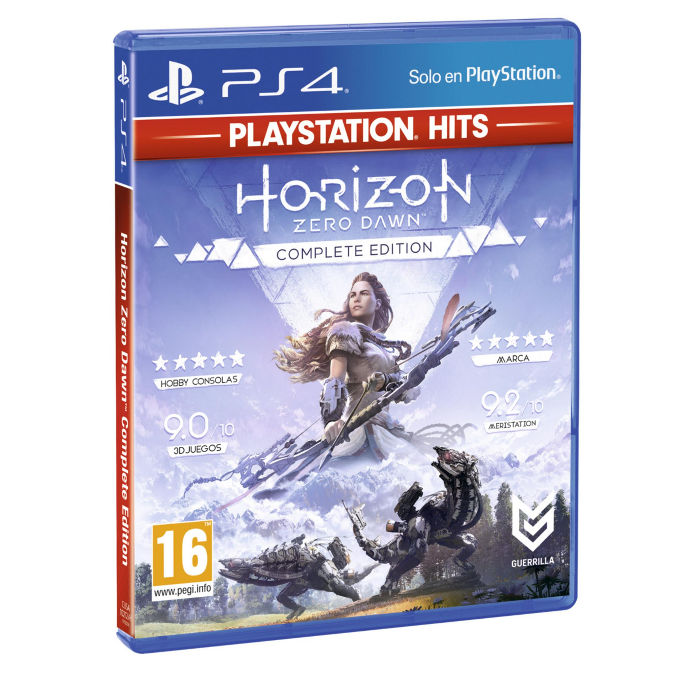 Custodia PS4: Horizon Zero Dawn Complete Edition con Aloy, robot e montagne.