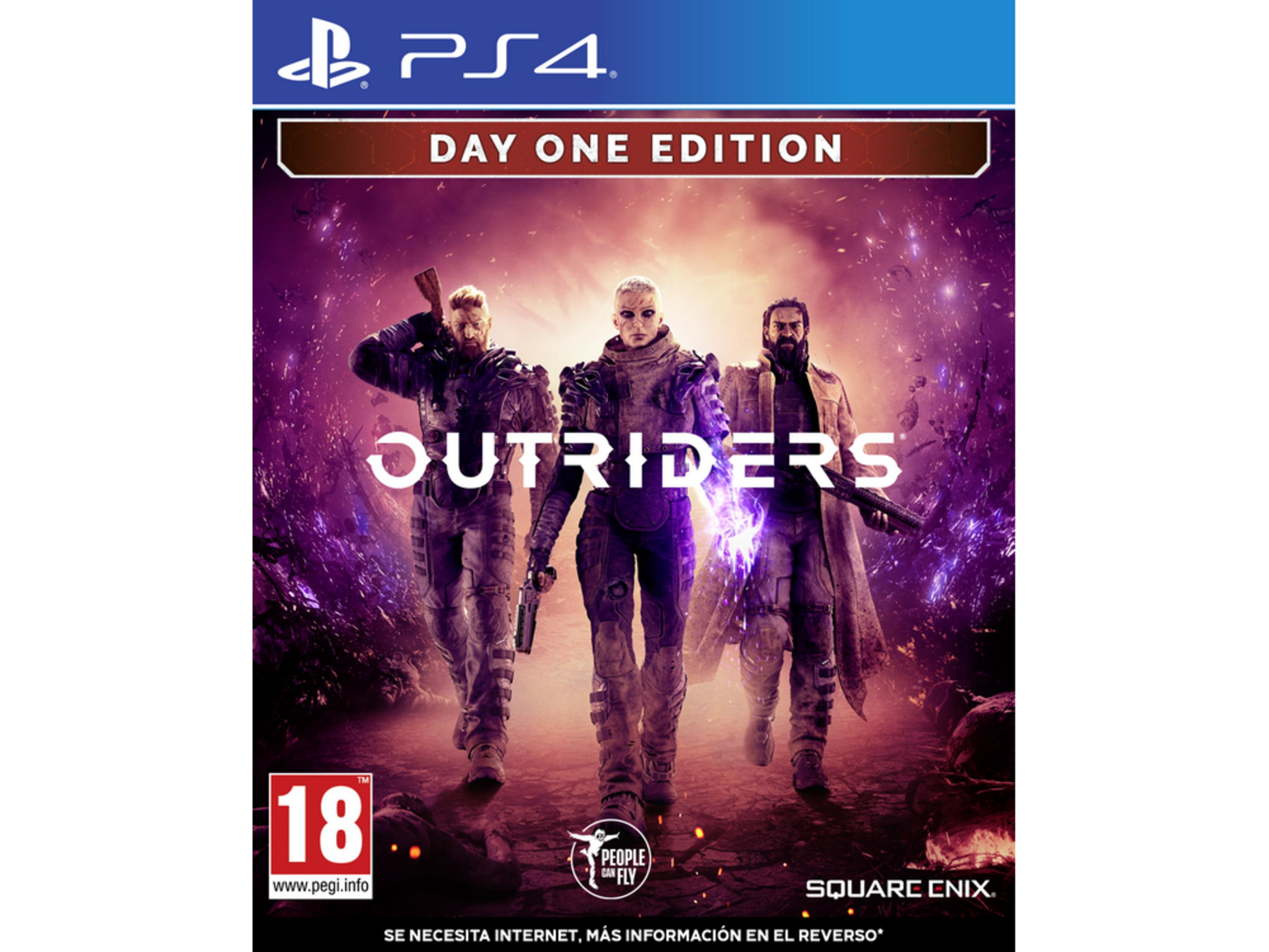 La copertina del gioco Outriders mostra tre personaggi corazzati su sfondo viola.