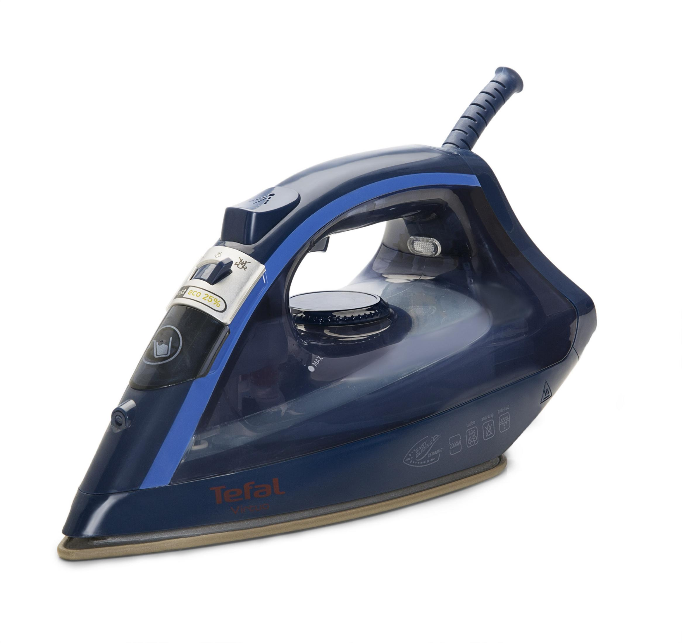 Dampfbügeleisen von Tefal mit blauem Gehäuse, transparentem Wassertank und silbernen Akzenten.