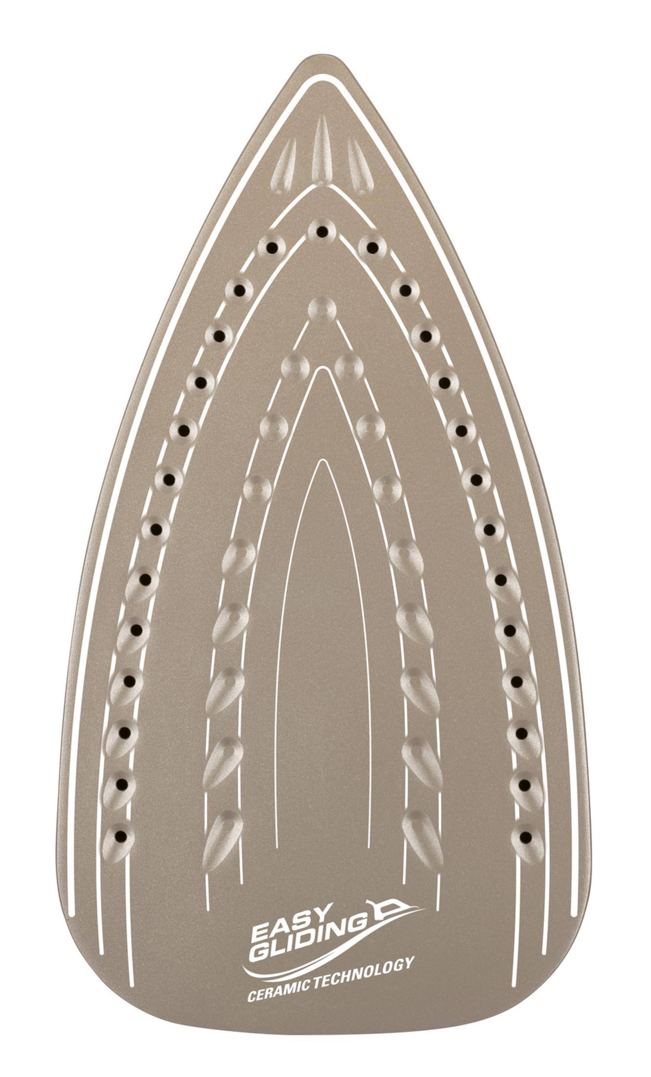 Bügeleisensohle aus Keramik mit Dampflöchern und "Easy Gliding"-Aufdruck.