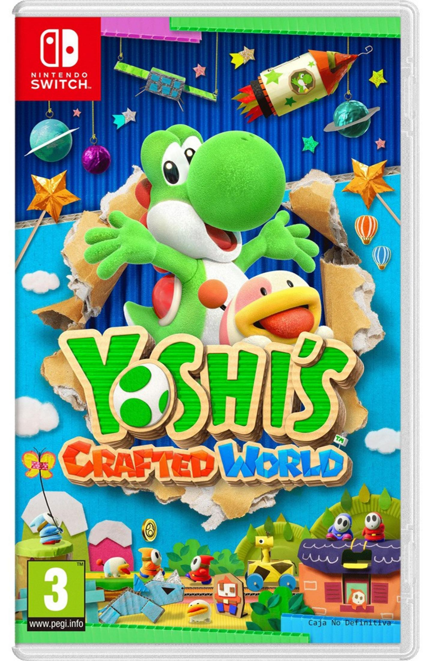 Yoshi y Shy Guys en una escena del mundo artesanal con cohete y estrellas.