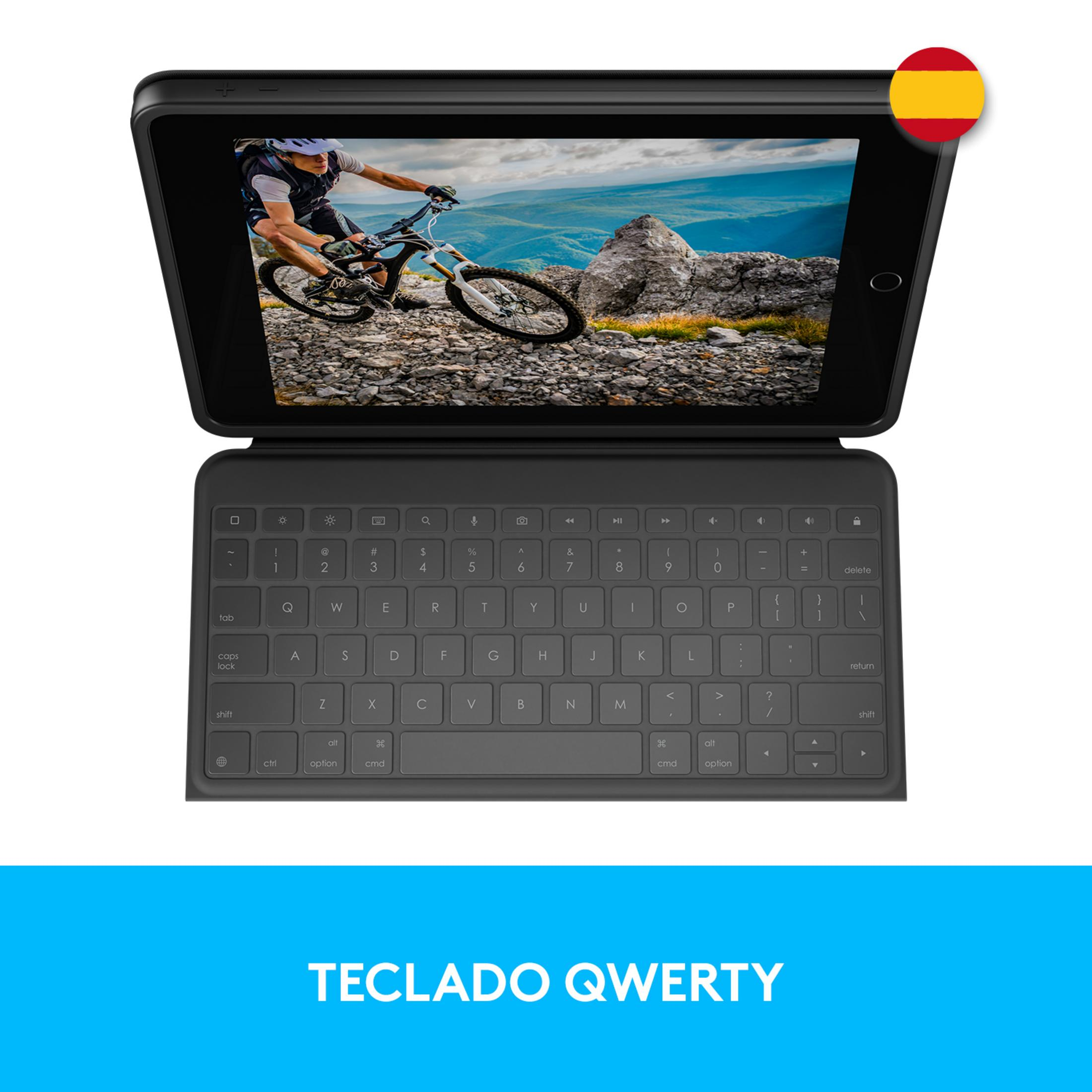 Un tablet con tastiera, che mostra un mountain biker sullo schermo.