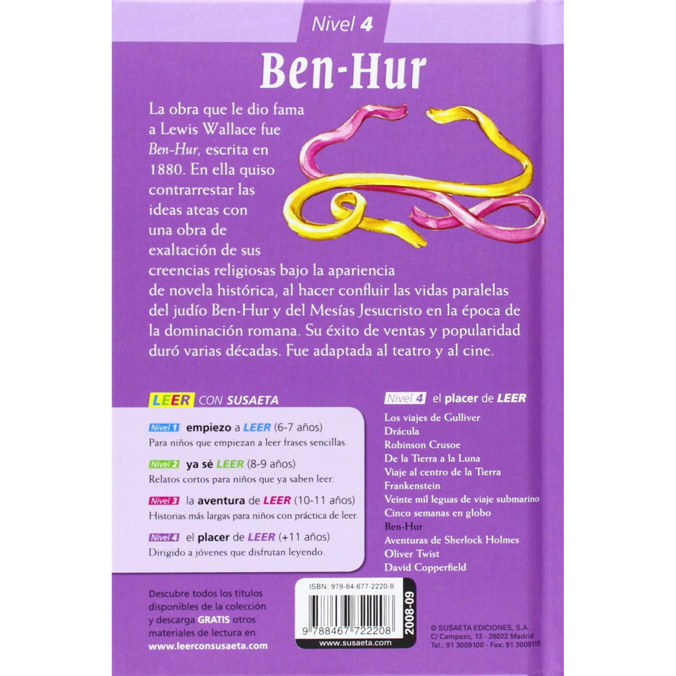 Portada de libro de Ben-Hur con fondo morado e ilustración de cintas de colores.
