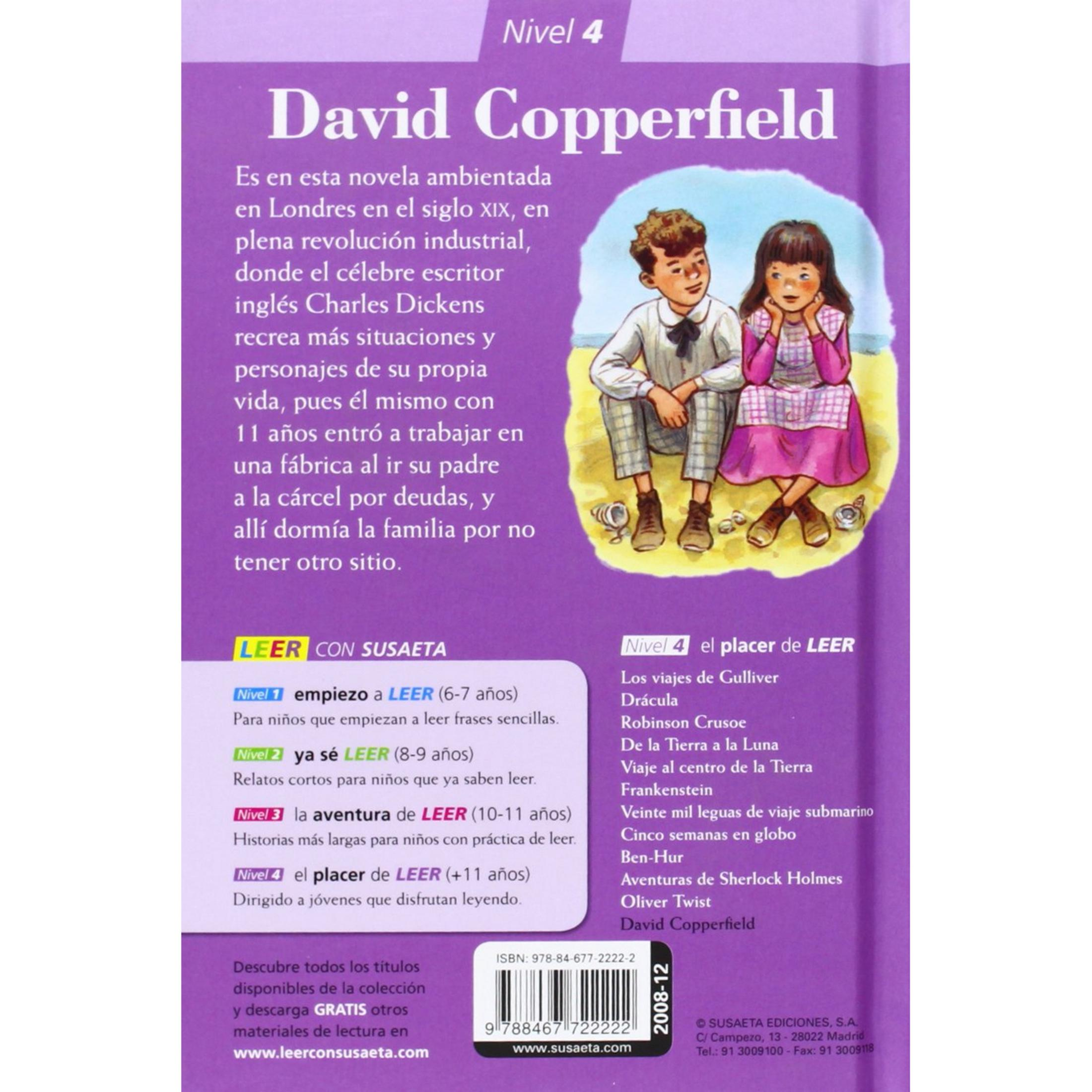 Un niño y una niña sentados leyendo. Portada libro David Copperfield.