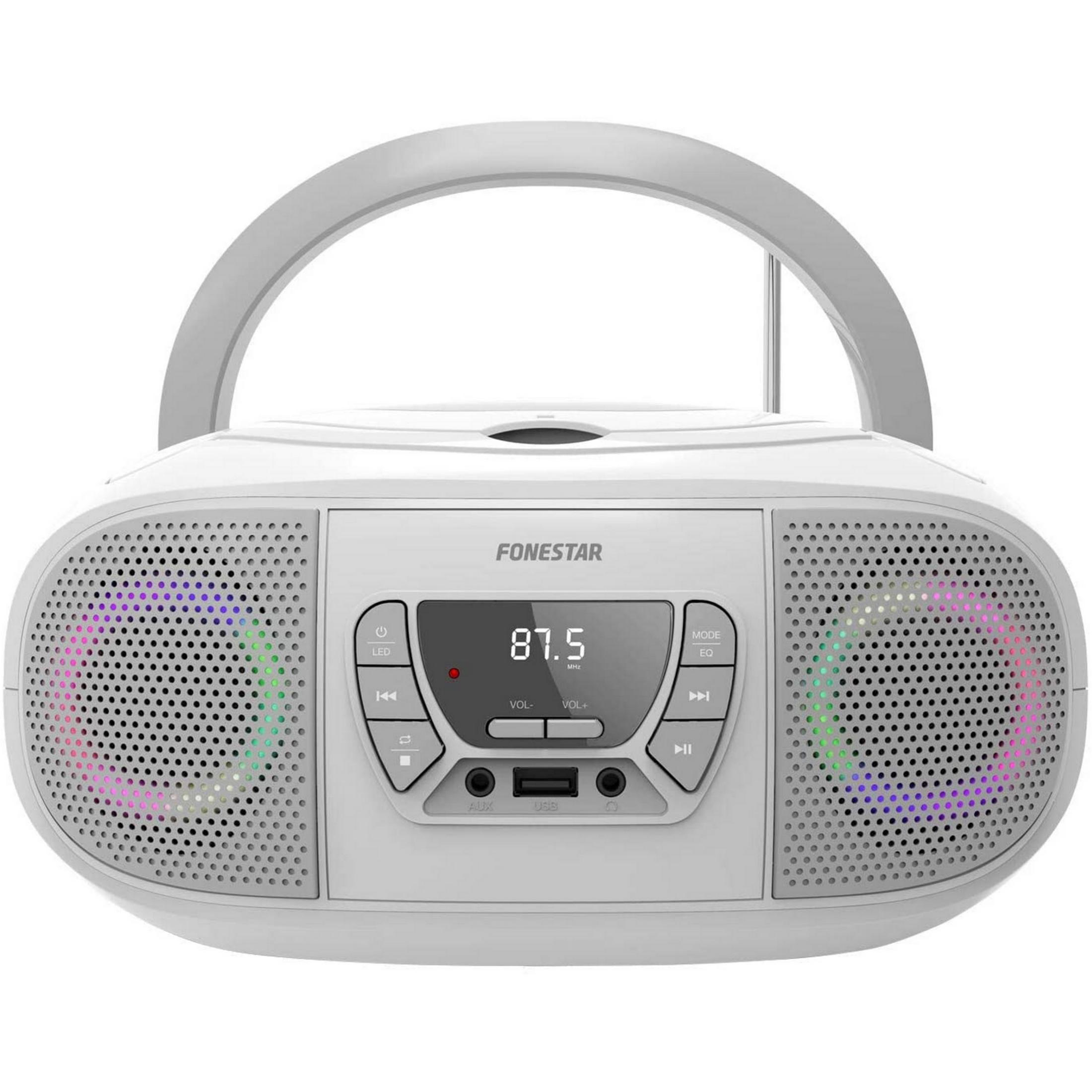 Una boombox blanca Fonestar con altavoces coloridos y pantalla digital.