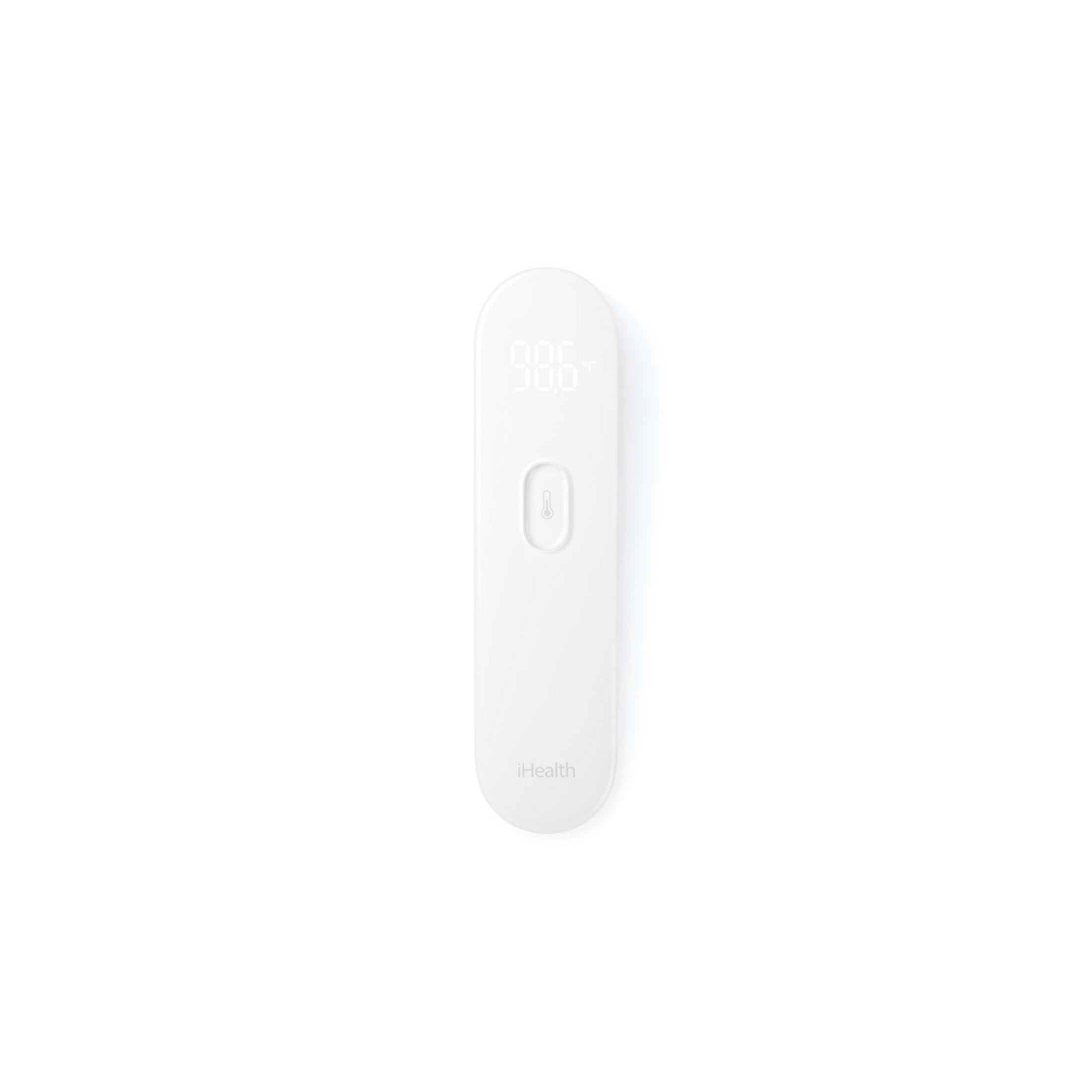 Un termómetro digital blanco con pantalla iluminada e icono de termómetro.