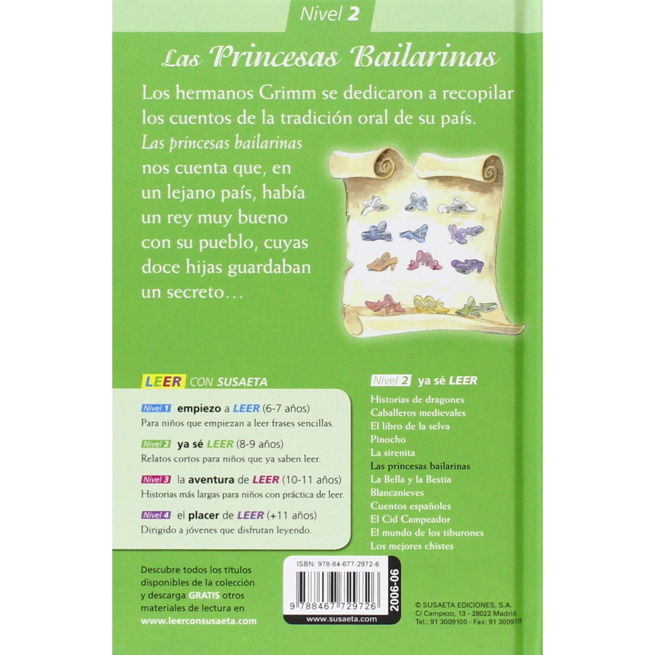 Portada: Título "Las Princesas Bailarinas", niveles de lectura y rollo con zapatos.