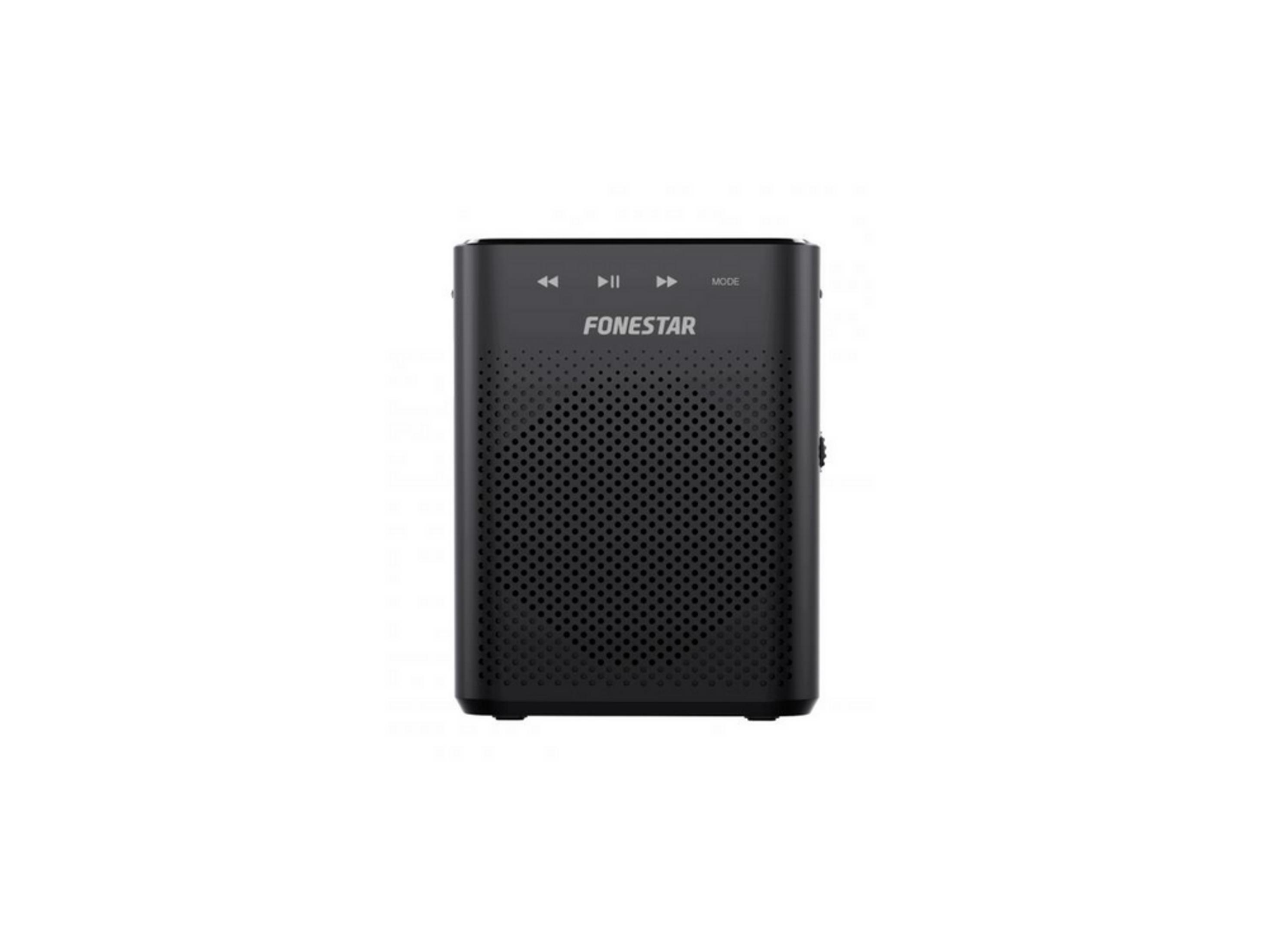 Altavoz negro con botones de volumen y el nombre FONESTAR.
