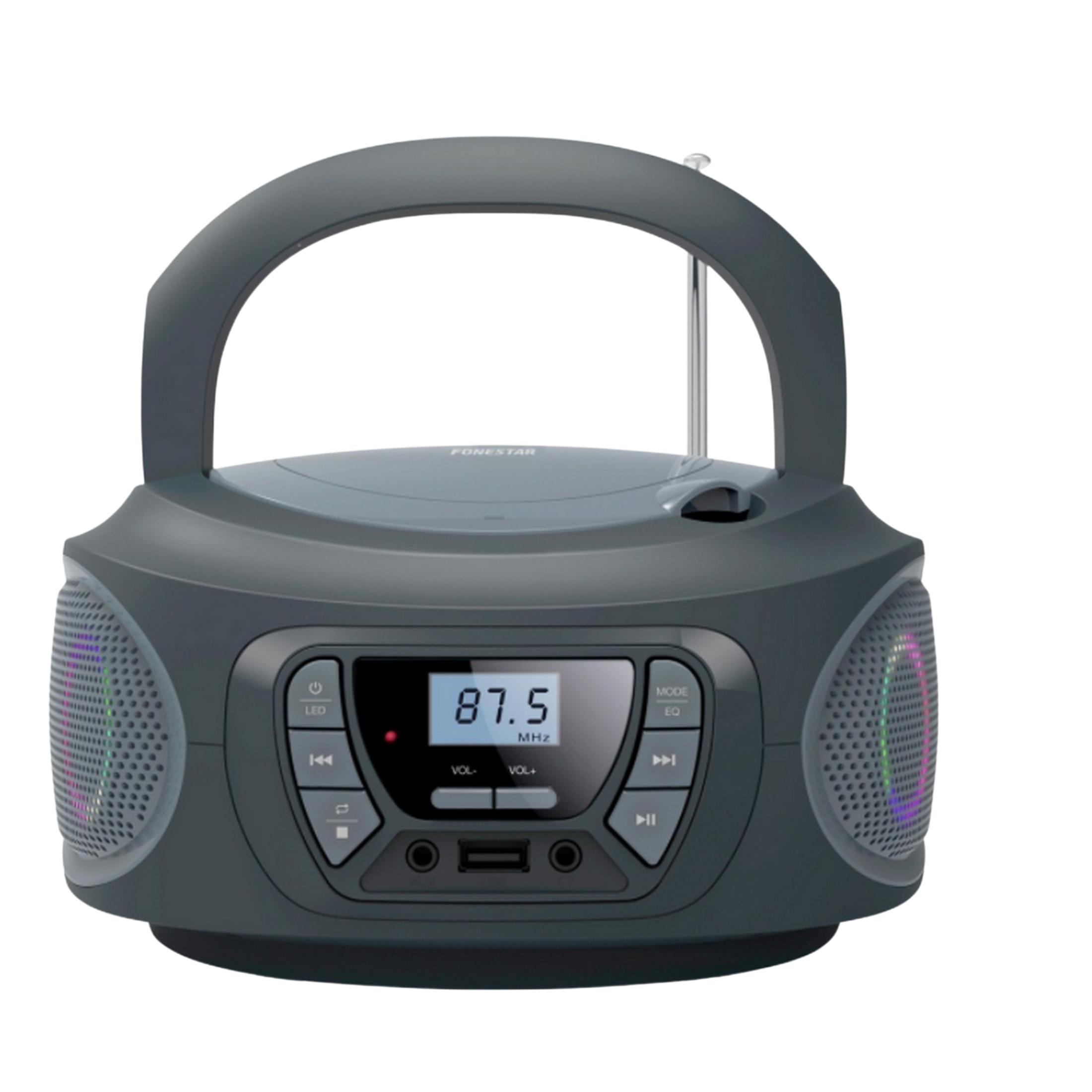 Grauer CD-Player mit Griff, Display, Tasten und beleuchteten Lautsprechern.