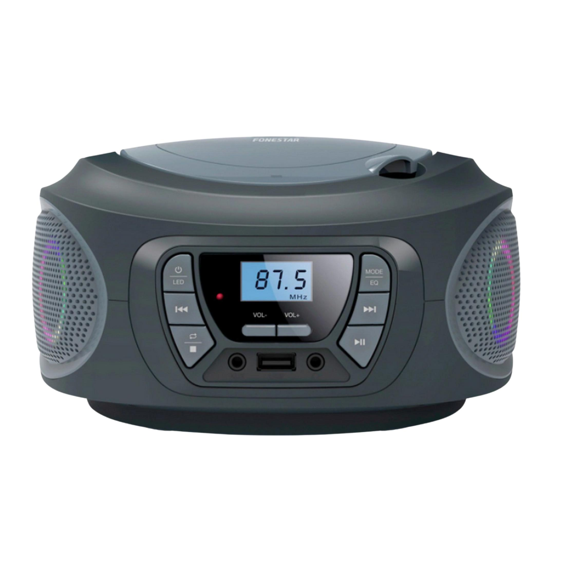 Ein dunkler tragbarer CD-Player mit Lautsprechern und beleuchteten Lichtern.