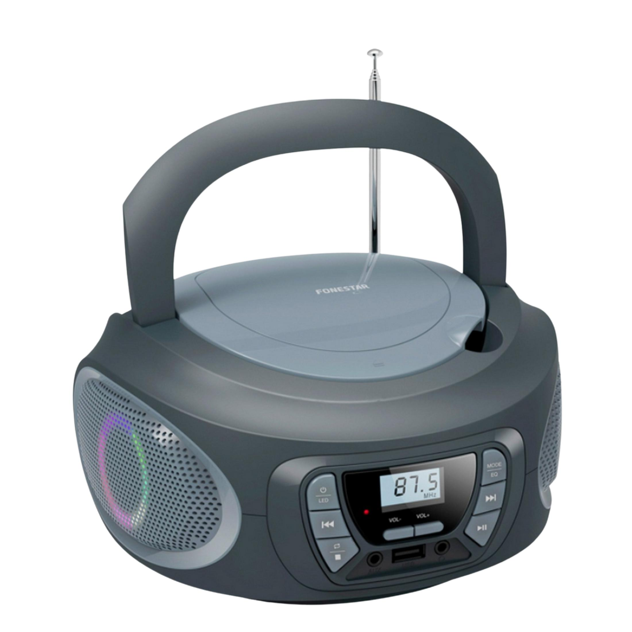 Ein tragbarer CD-Player mit Radio, Lautsprechern und Griff.