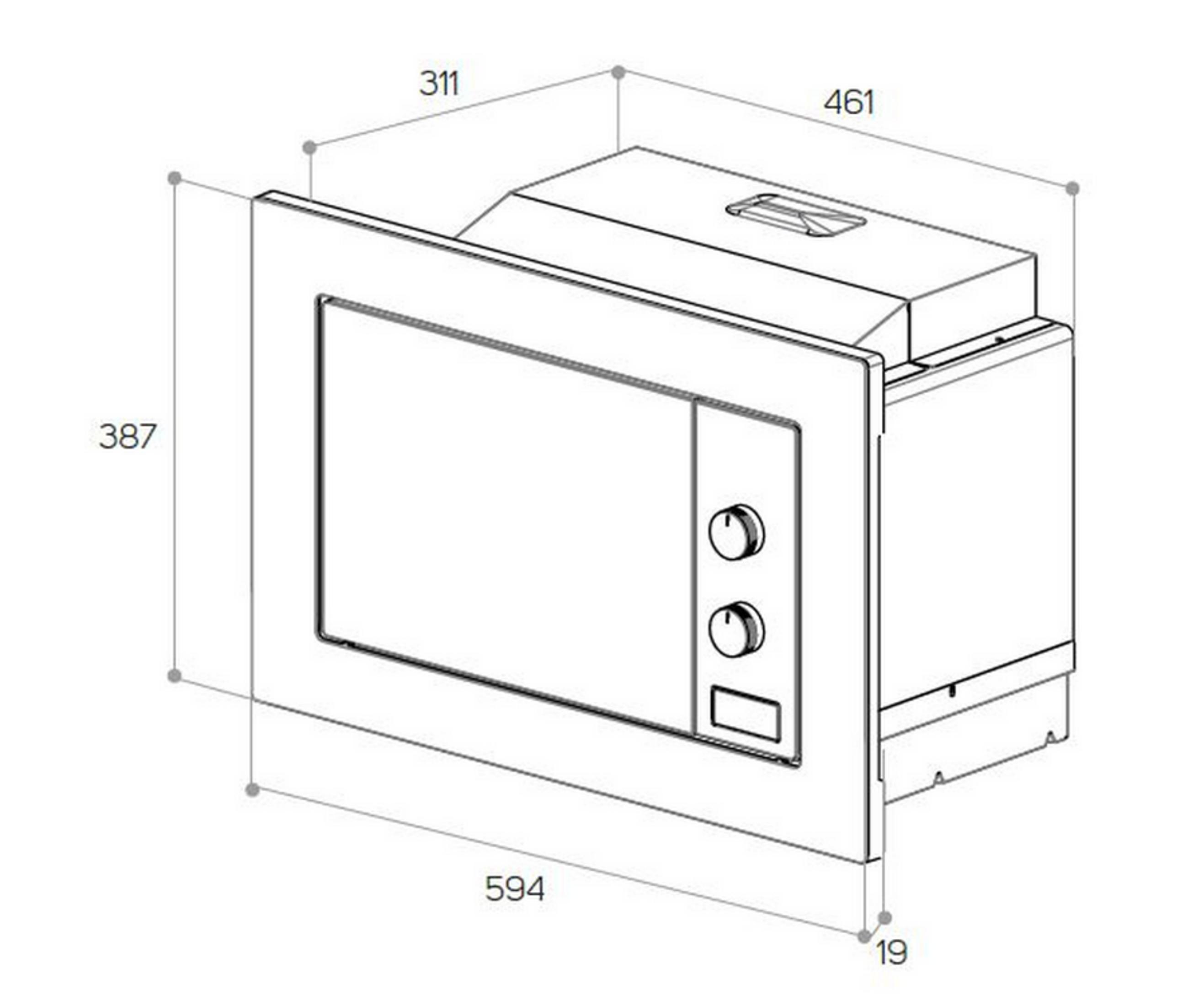 Dibujo técnico de un electrodoméstico empotrable con dimensiones.