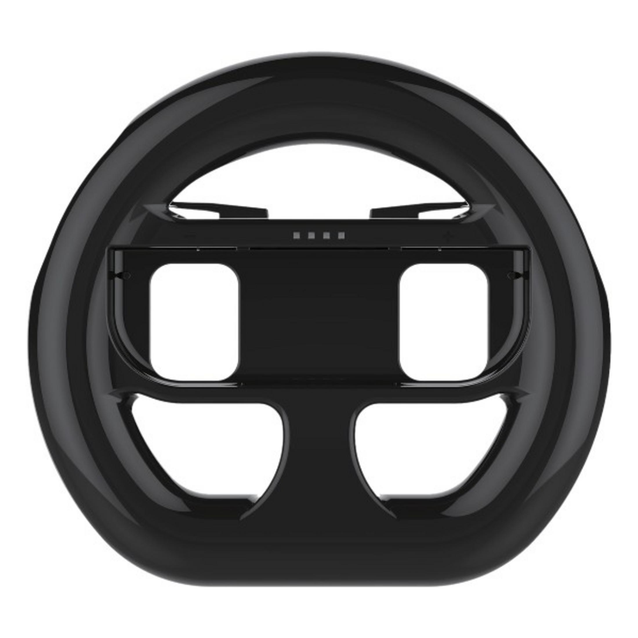 Un accesorio de volante negro con recortes rectangulares y cuatro luces indicadoras.