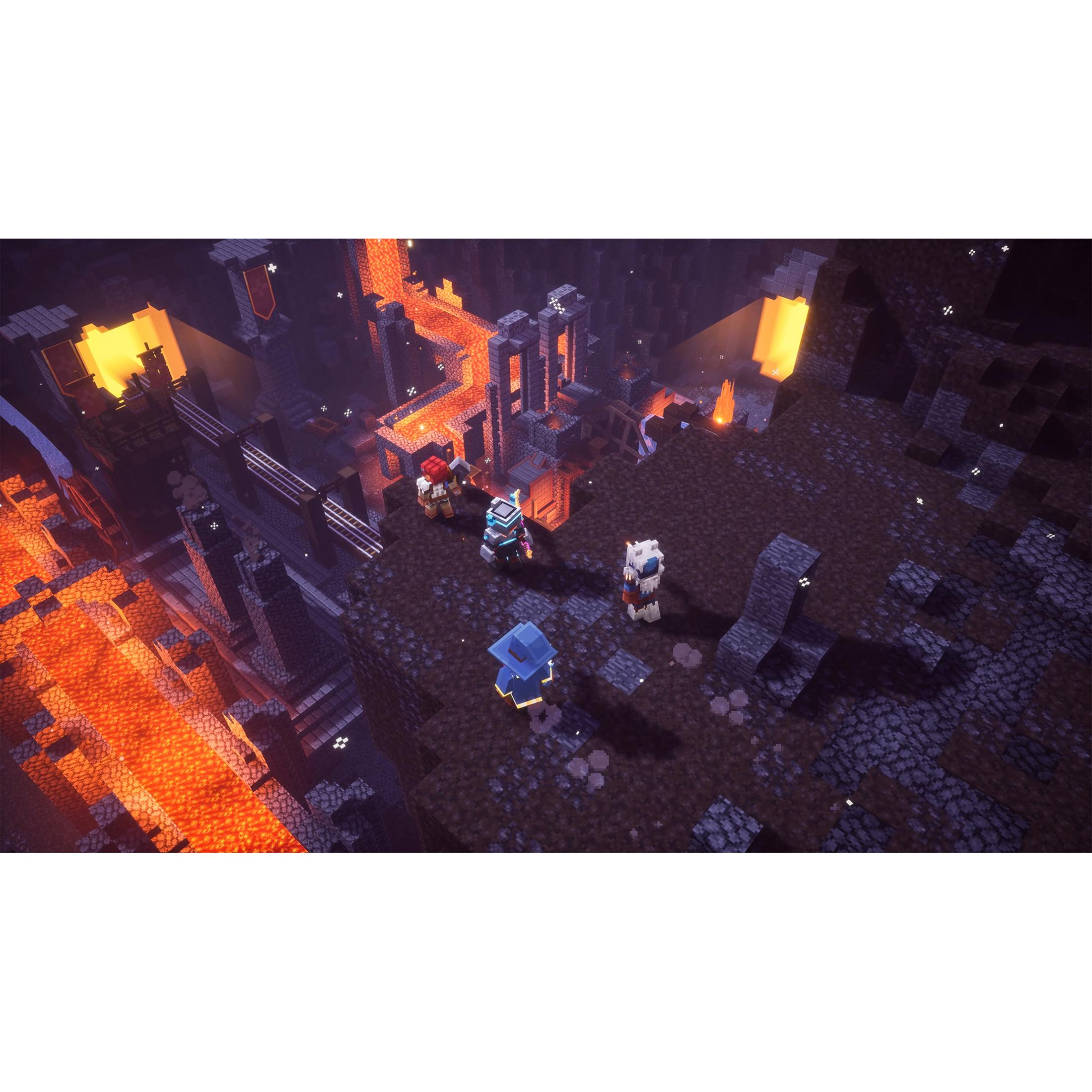 Personaggi di Minecraft su terreno roccioso vicino a lava e rovine.