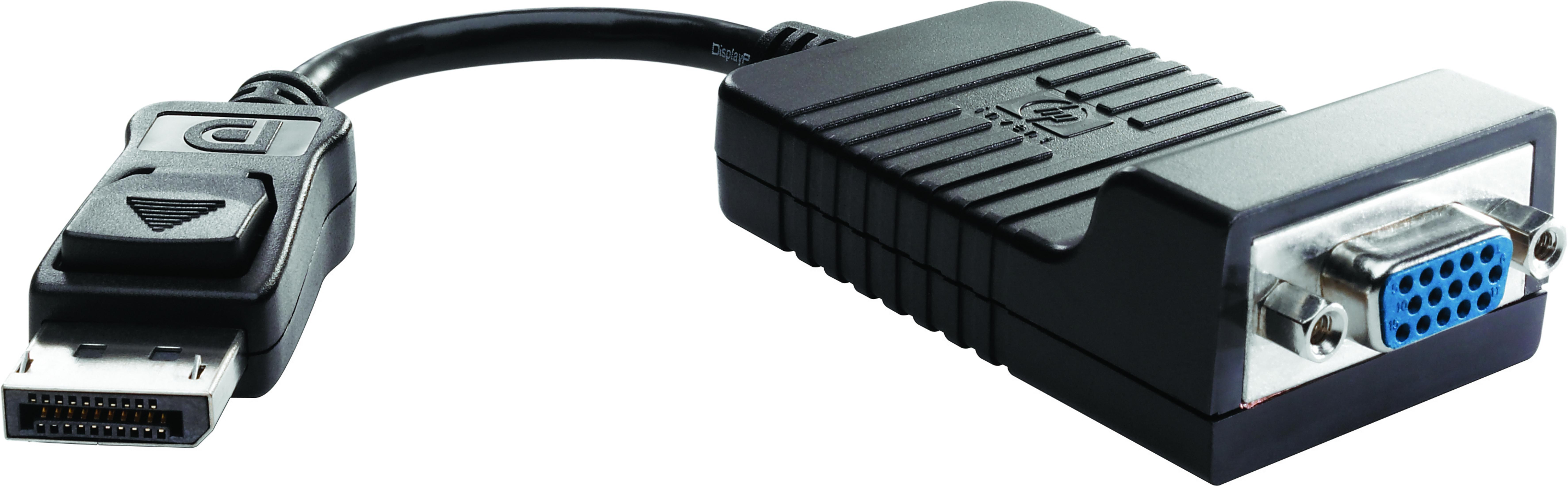 Un adattatore DisplayPort a VGA nero con connettore DisplayPort e porta VGA.