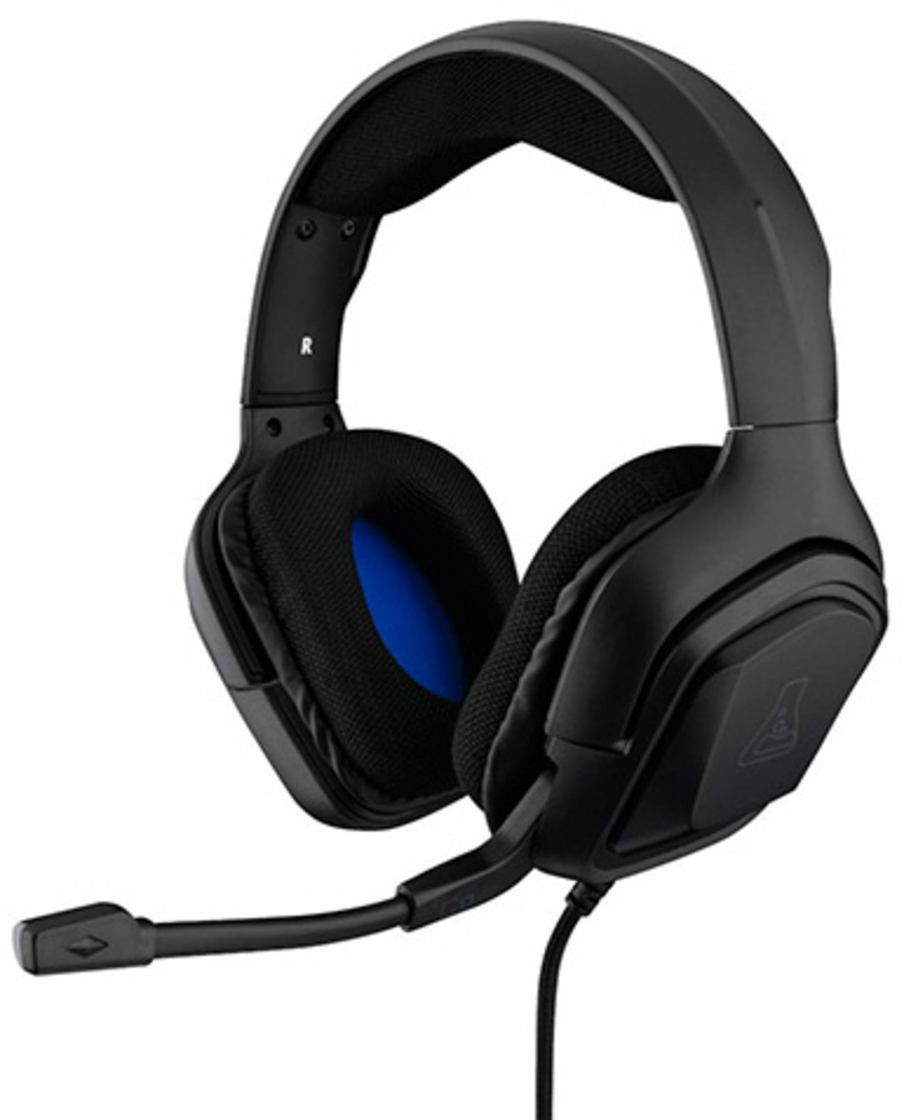 Un auricolare da gaming nero con microfono e accenti blu sui padiglioni.