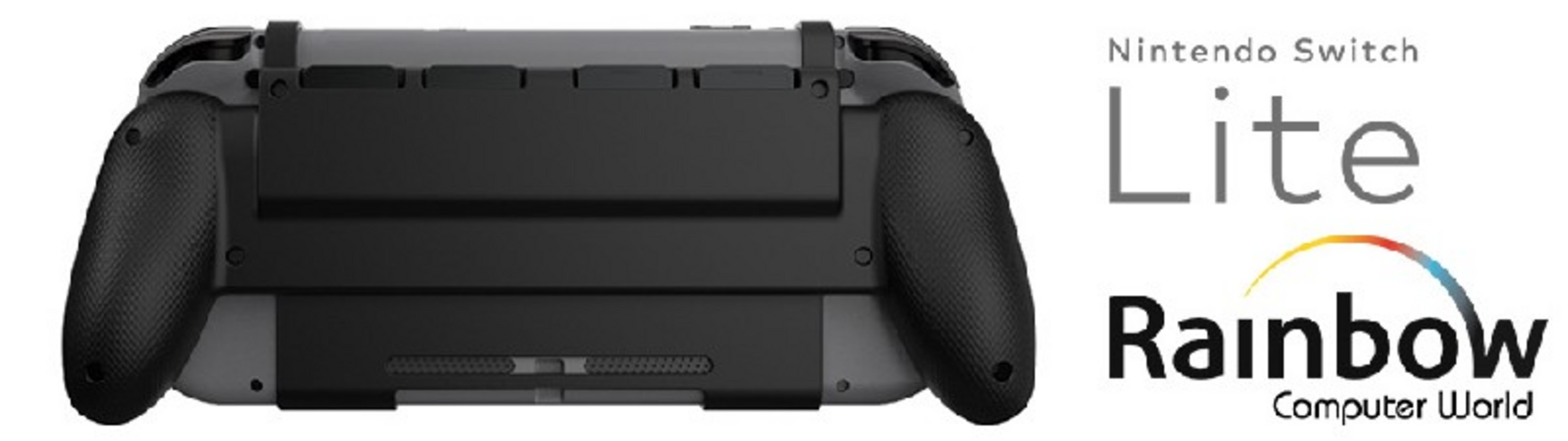 Parte trasera de una Nintendo Switch Lite negra con agarres y logotipos.