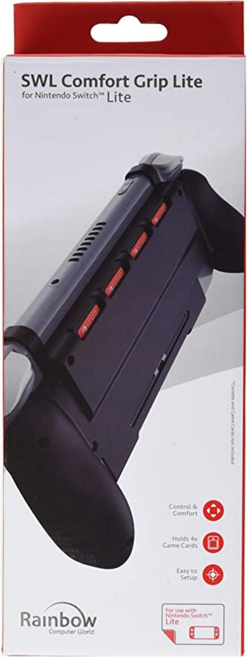 Grip negro para Nintendo Switch Lite con ranuras rojas para tarjetas y texto.
