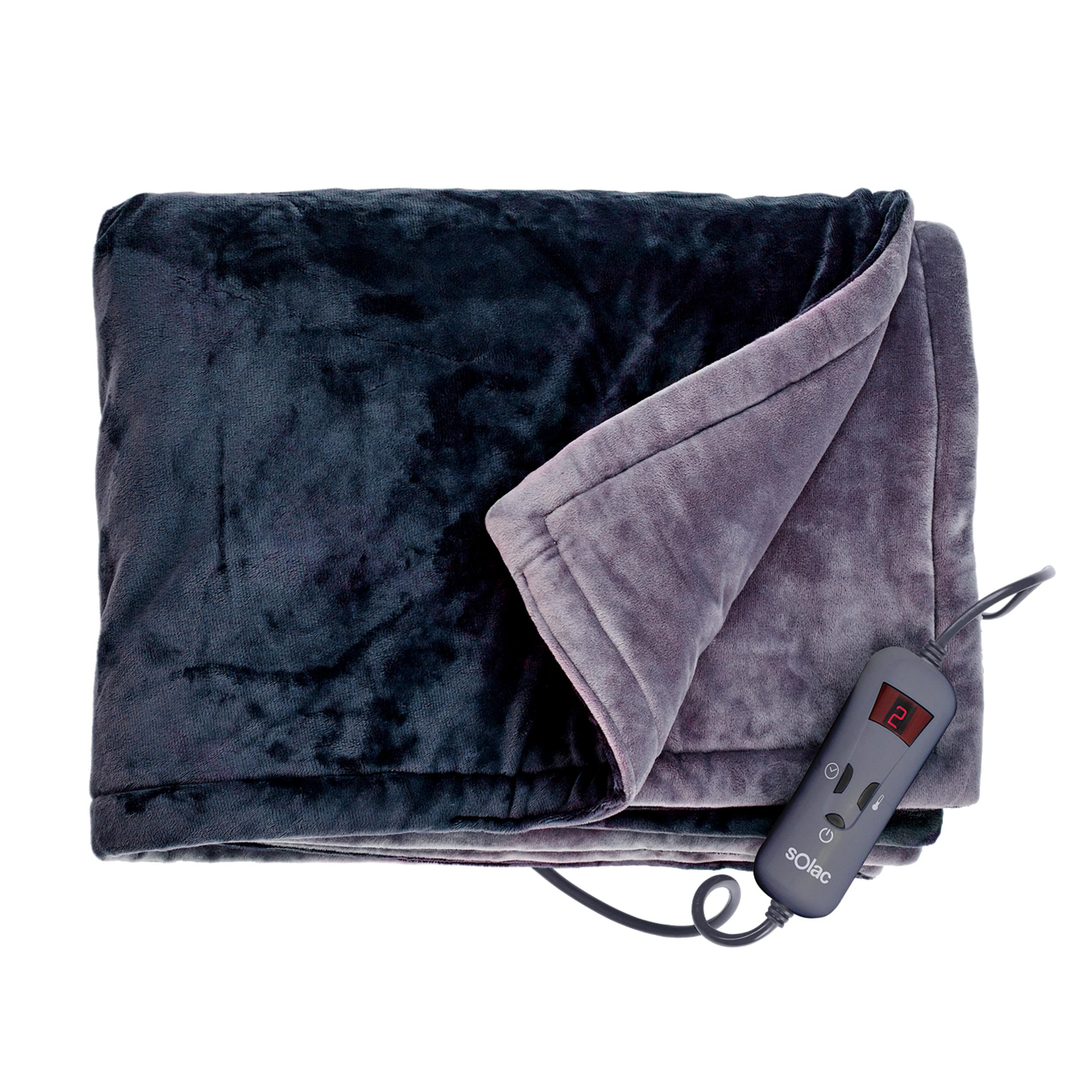 Una coperta riscaldata grigio scuro piegata con controller grigio e display rosso.