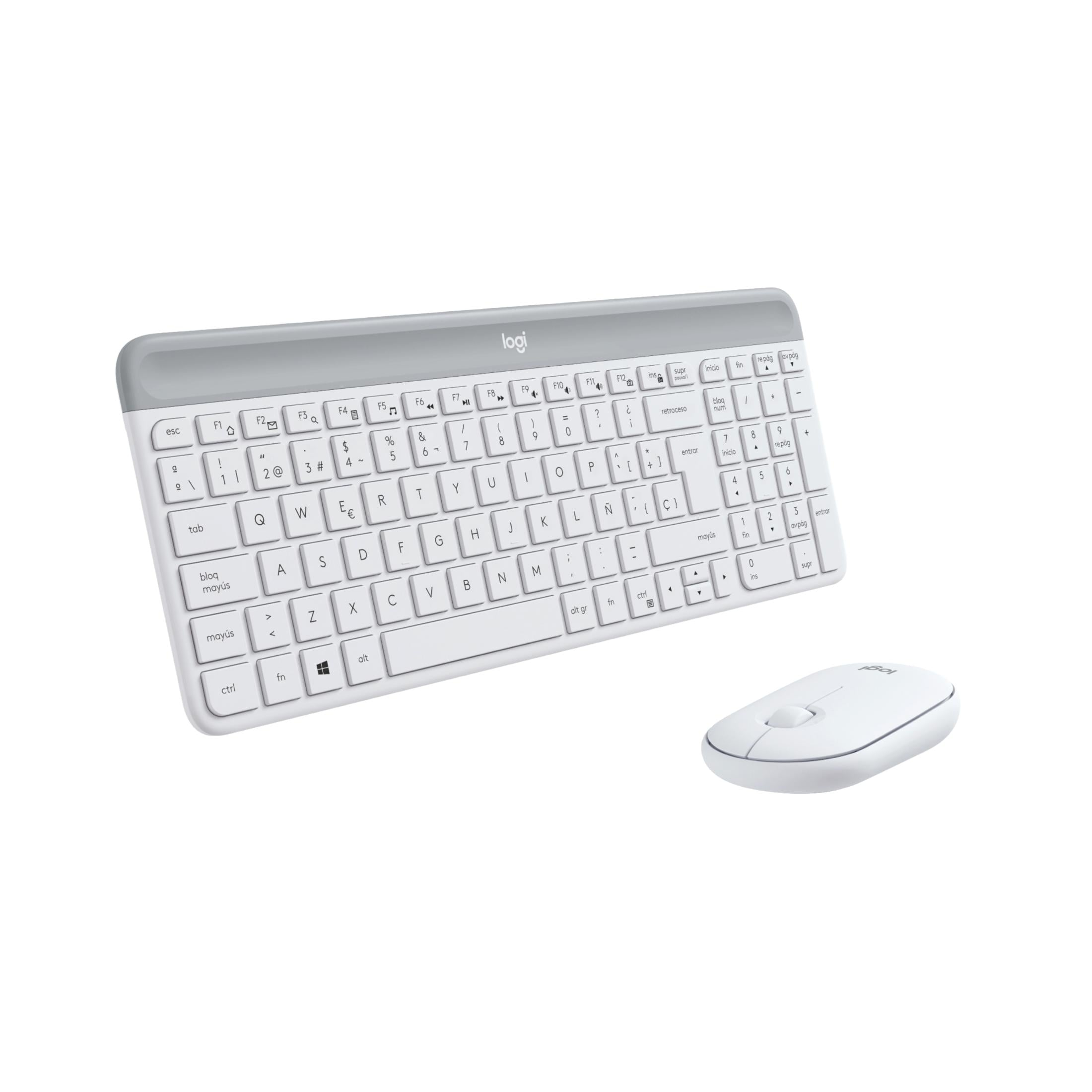 Un set bianco di tastiera e mouse Logi su sfondo bianco.