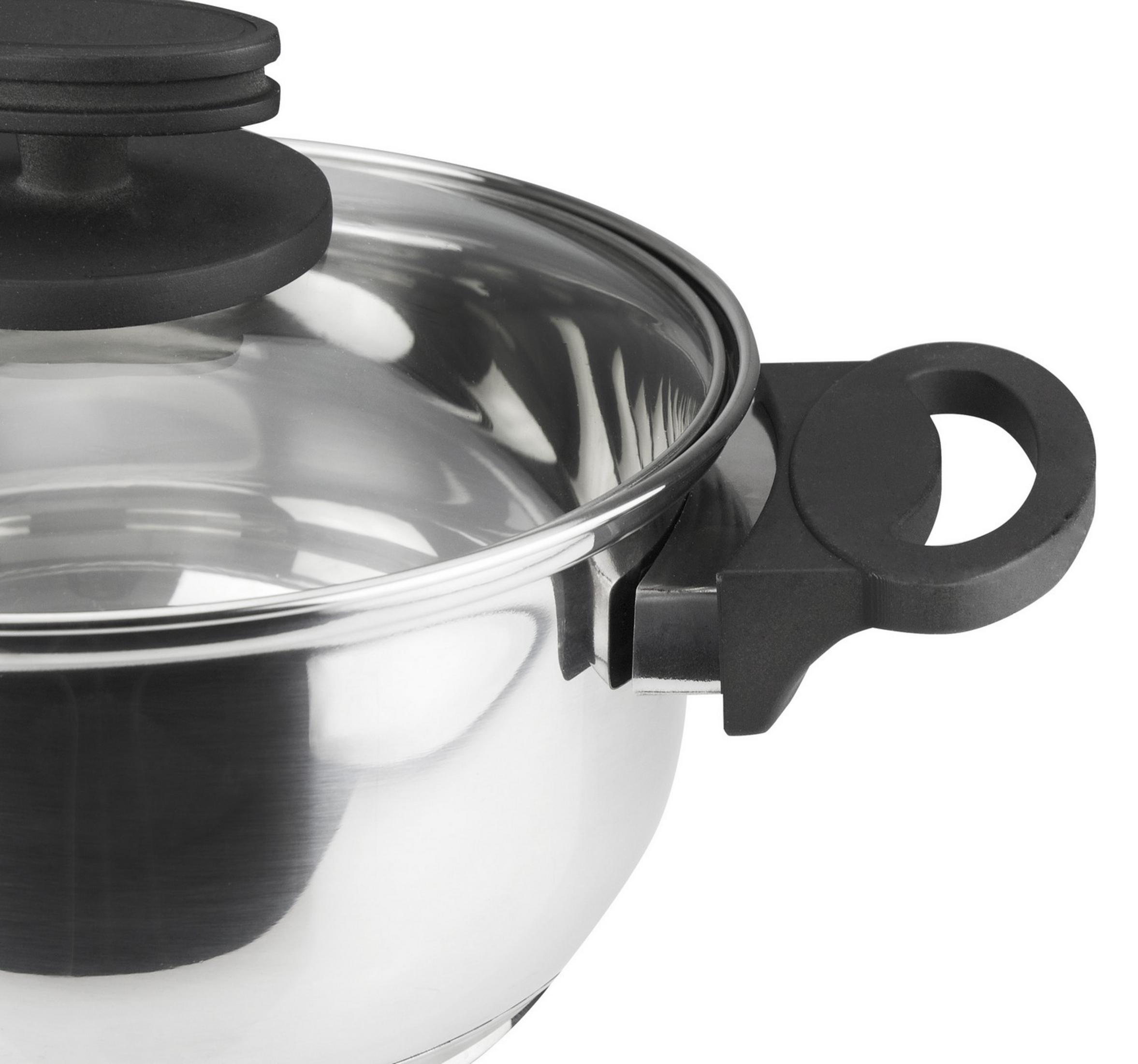 Olla de acero inoxidable con tapa de cristal y asa negra.