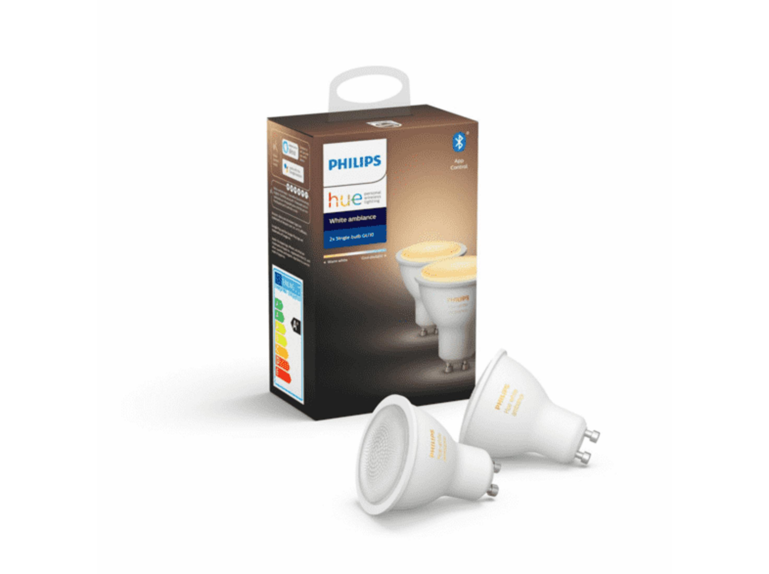 Bombillas Philips Hue White Ambiance GU10 en caja con dos bombillas individuales.