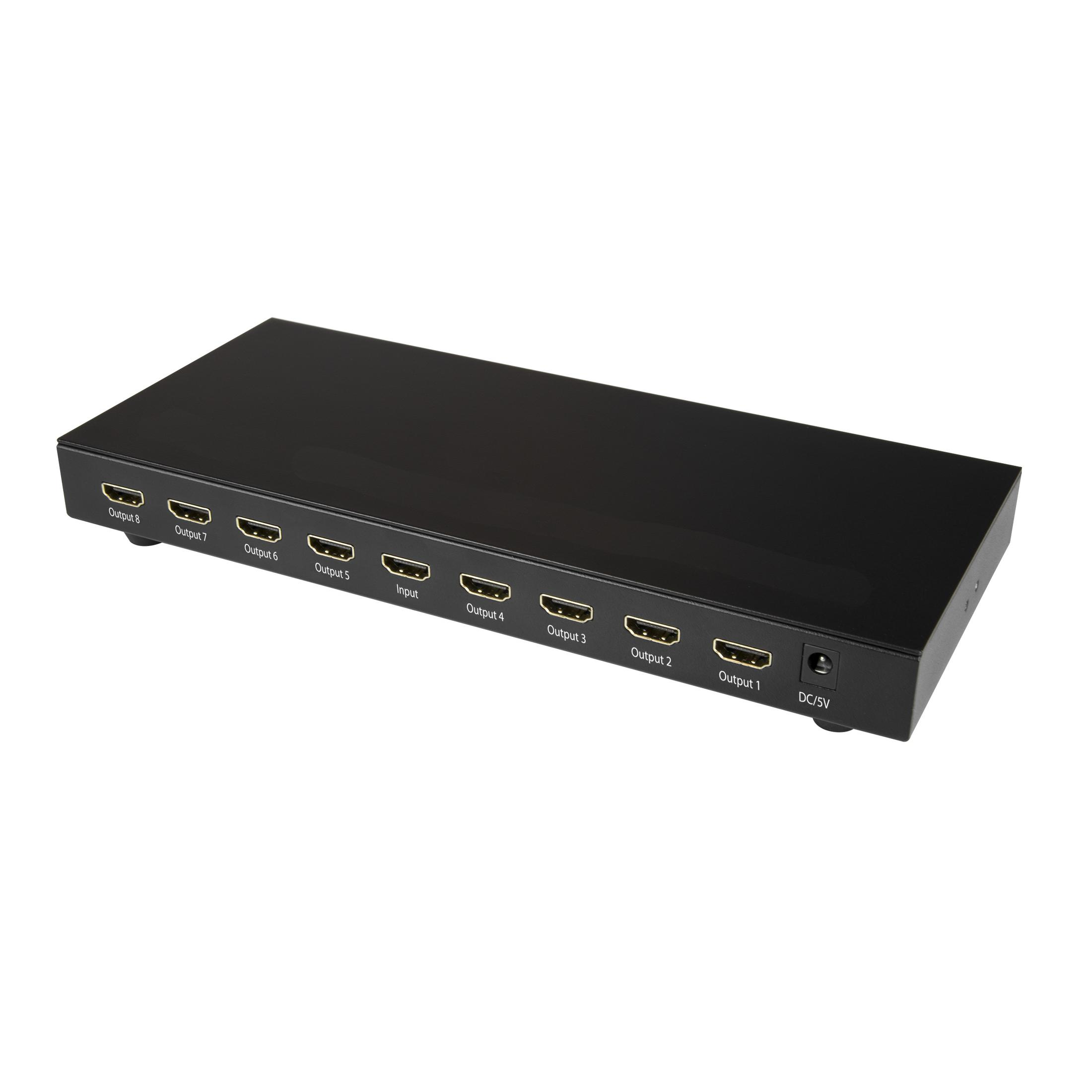Divisor HDMI negro de 8 puertos con entradas y salidas etiquetadas.