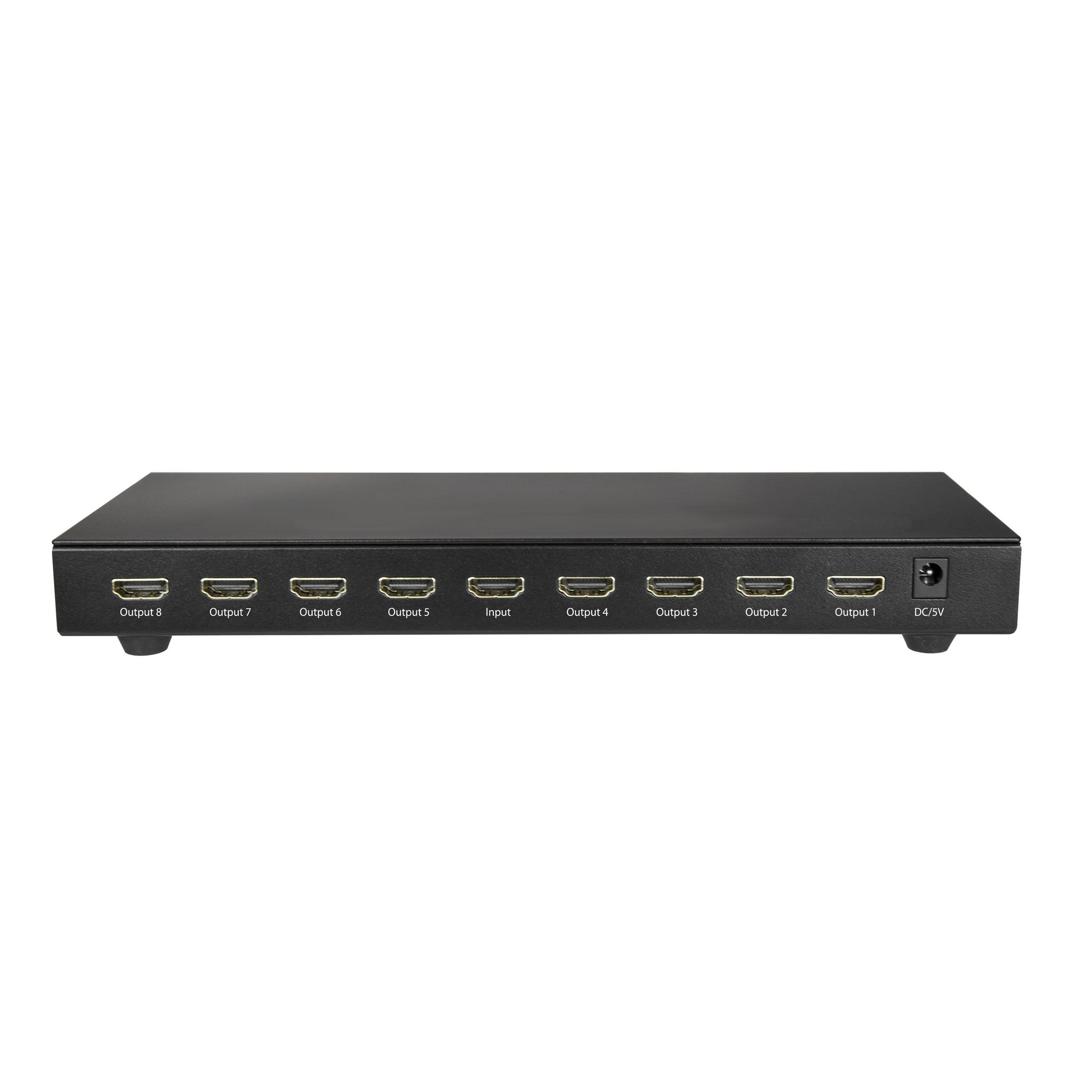 Divisor HDMI negro de 8 puertos con entrada y puertos DC/5V al frente.