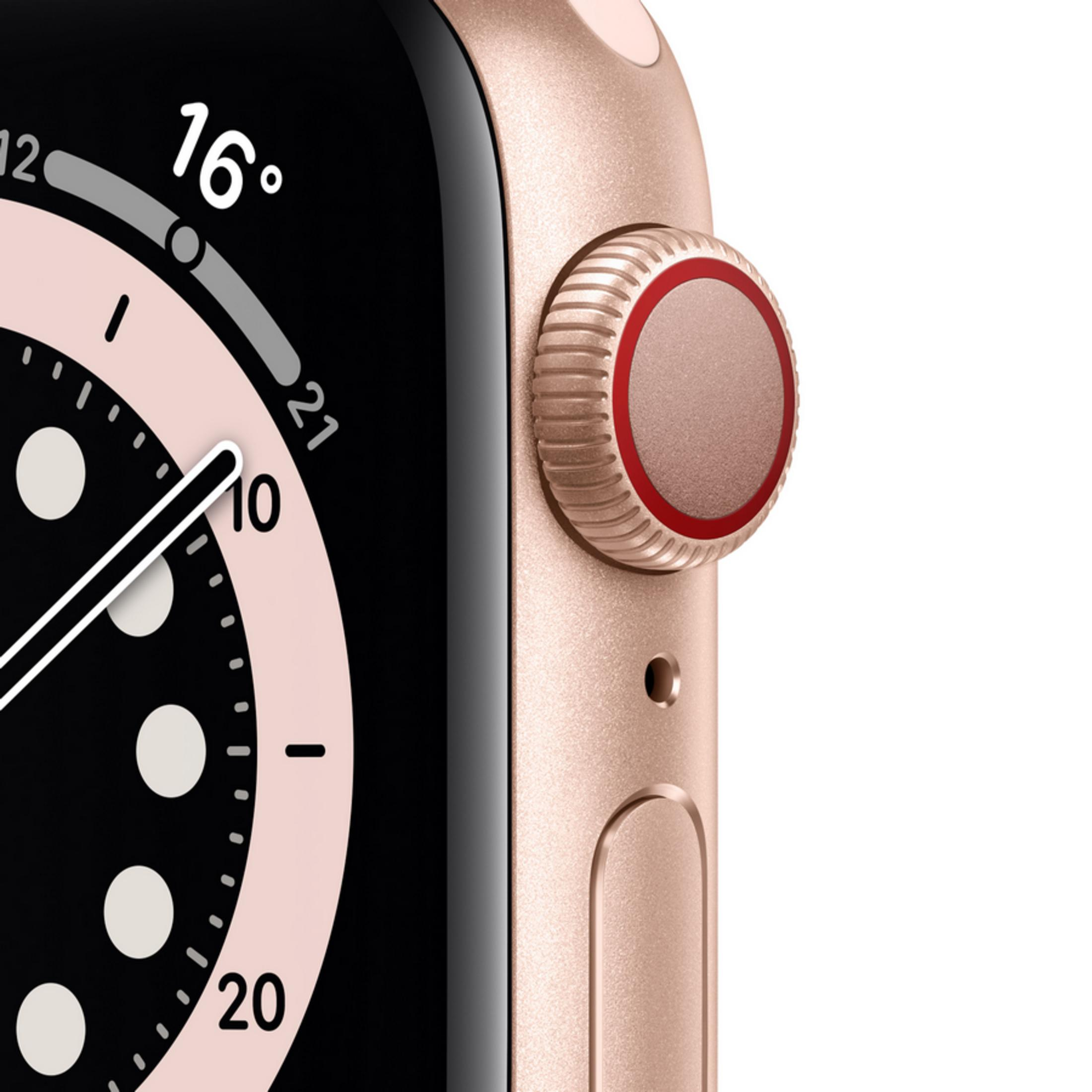 Primer plano de un reloj inteligente dorado que muestra la esfera y la corona giratoria.