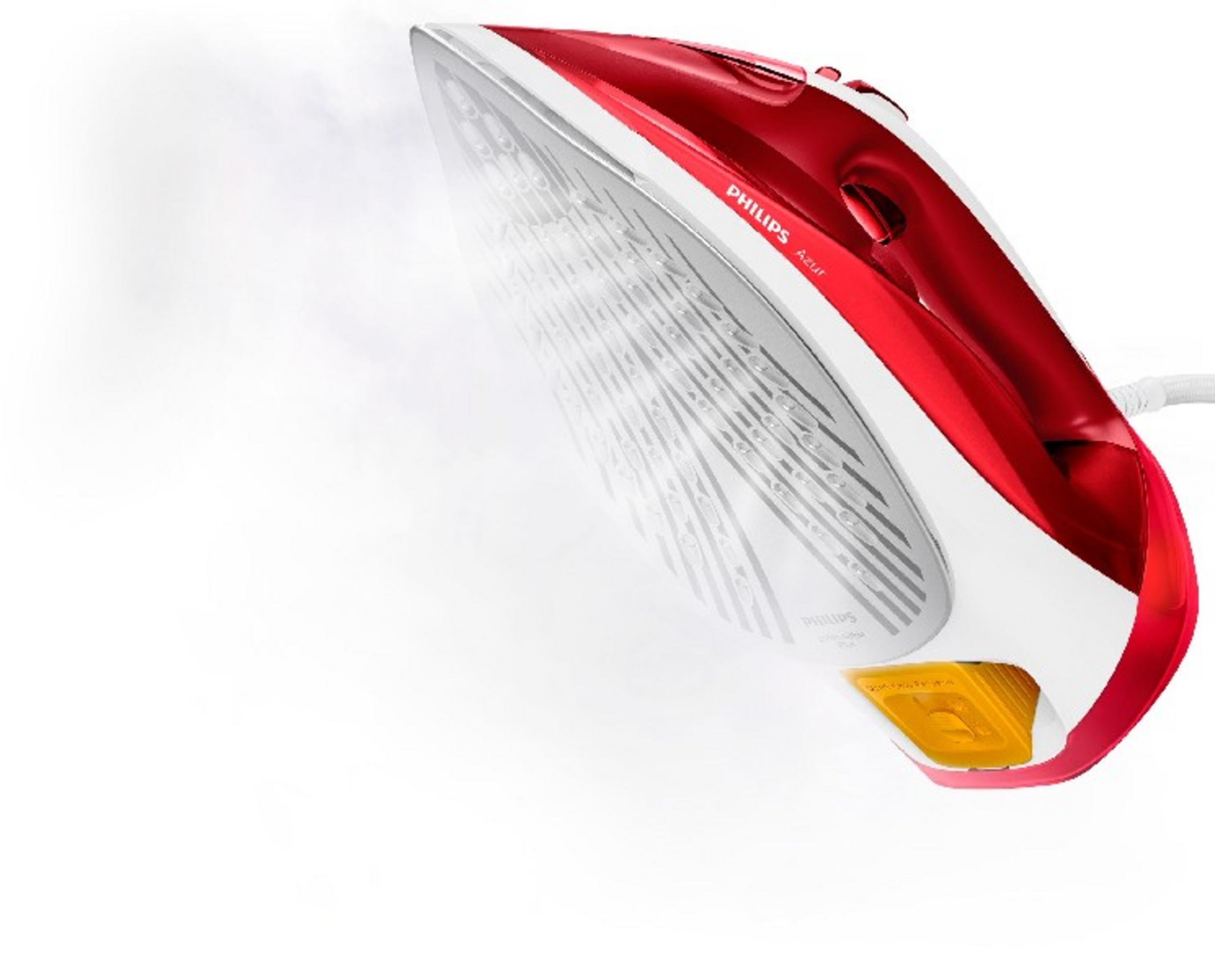 Un ferro da stiro a vapore Philips Azur rosso e bianco emette vapore.