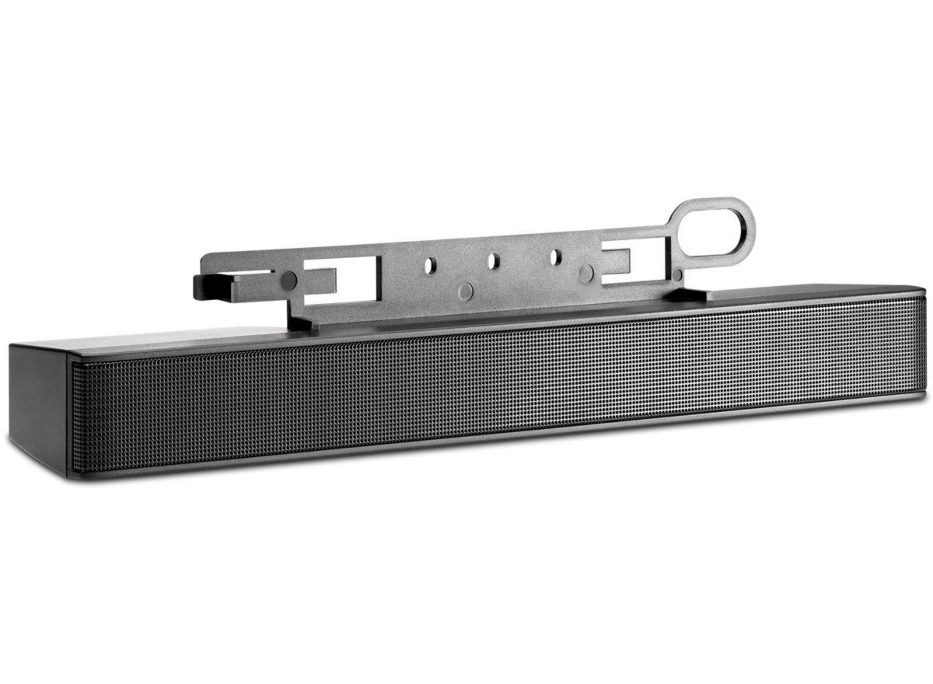Una soundbar nera con staffa di montaggio in metallo. La staffa ha delle fessure.