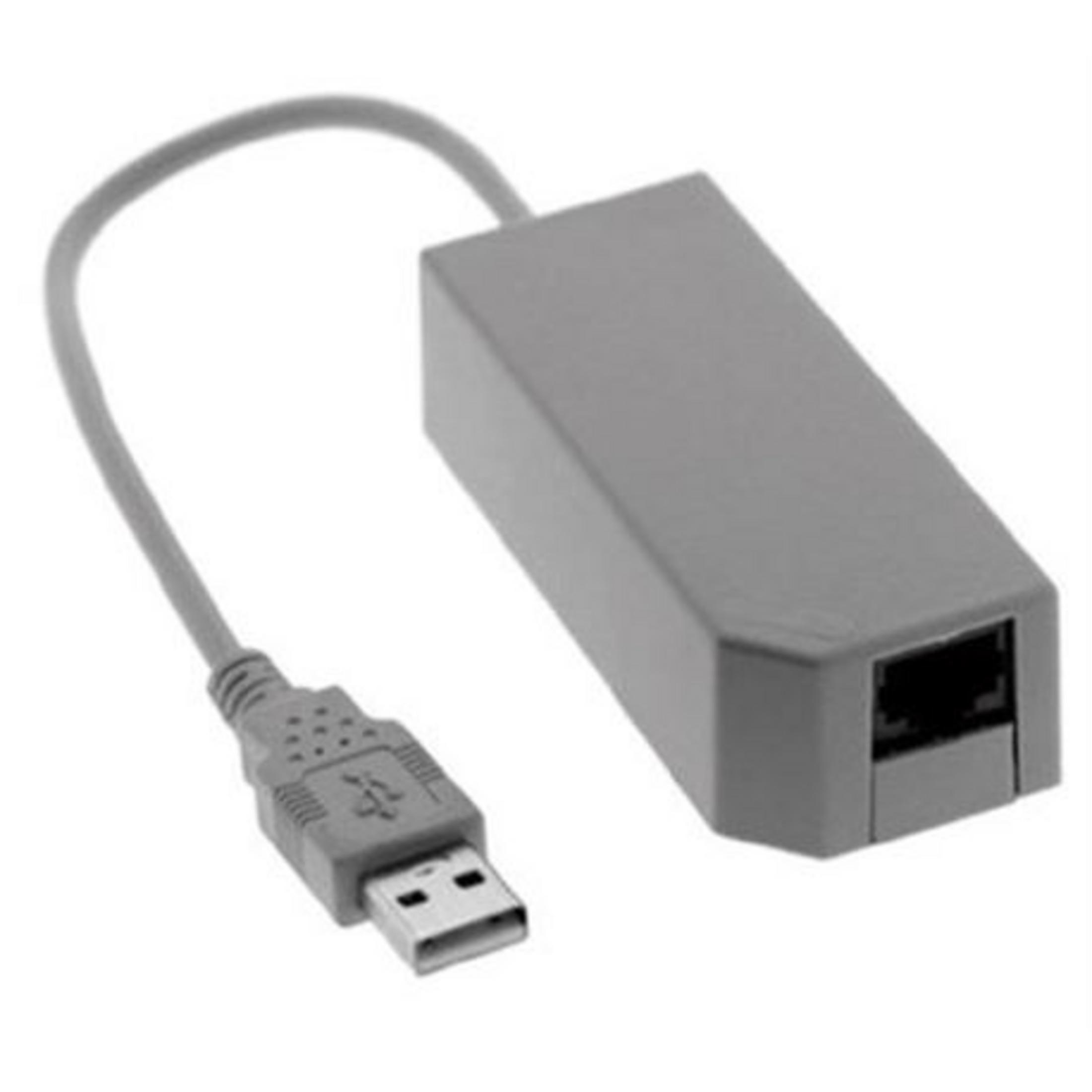 Un adaptador USB a Ethernet gris descansa sobre un fondo blanco.