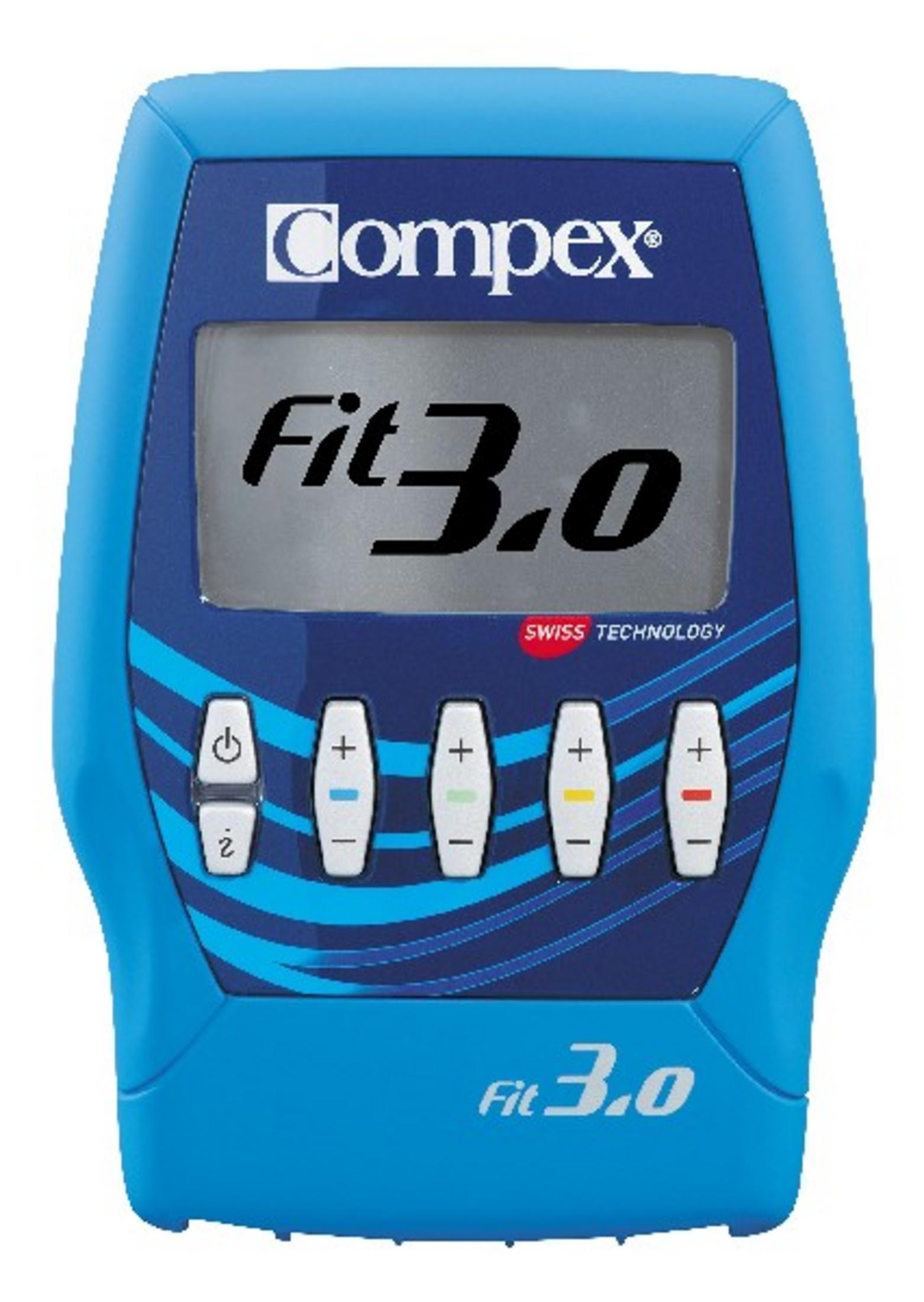 Ein blaues Compex Fit 3.0 EMS-Gerät mit Bildschirm und Knöpfen.