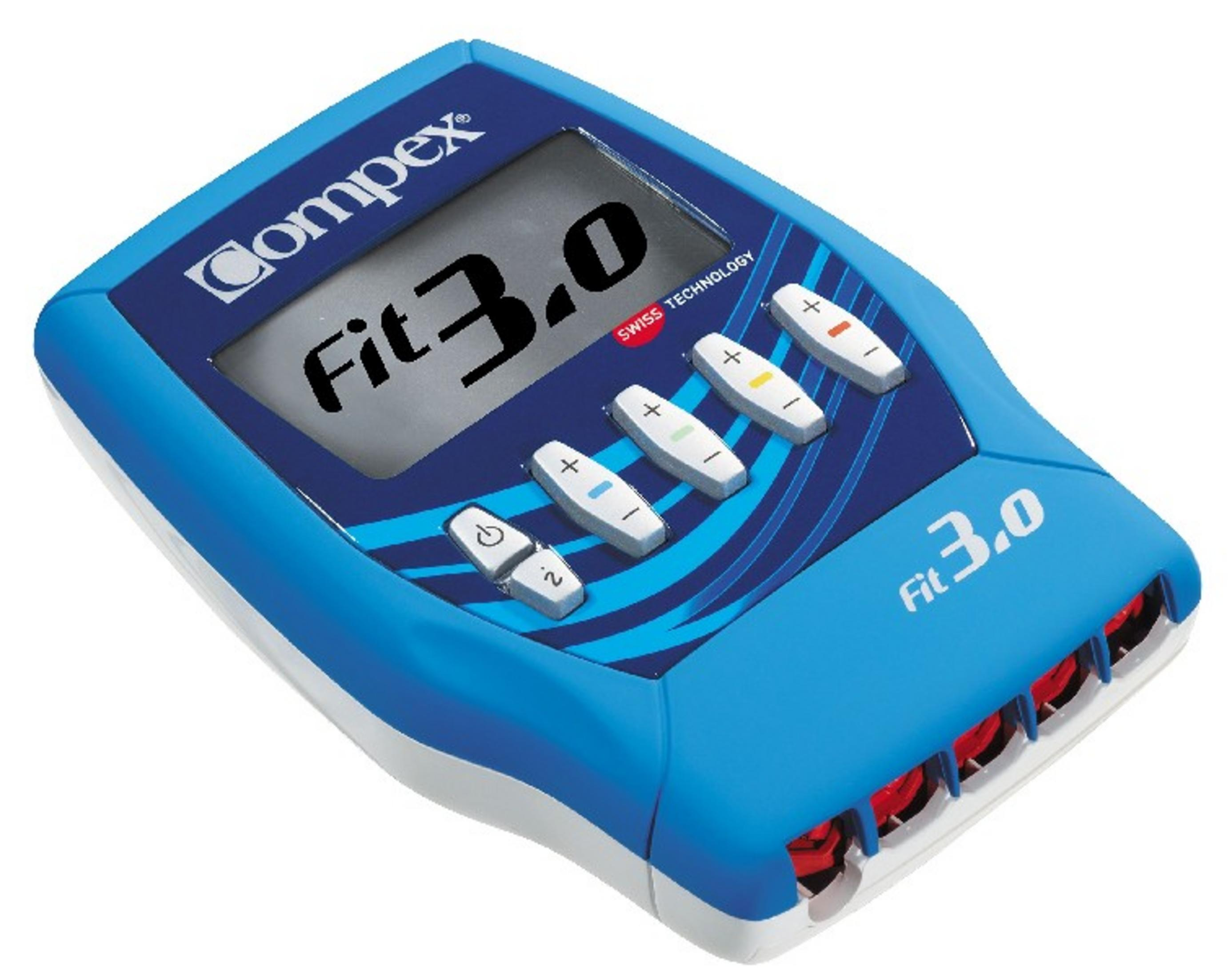 Blaues Compex Fit 3.0 EMS Gerät mit Knöpfen und Bildschirm.