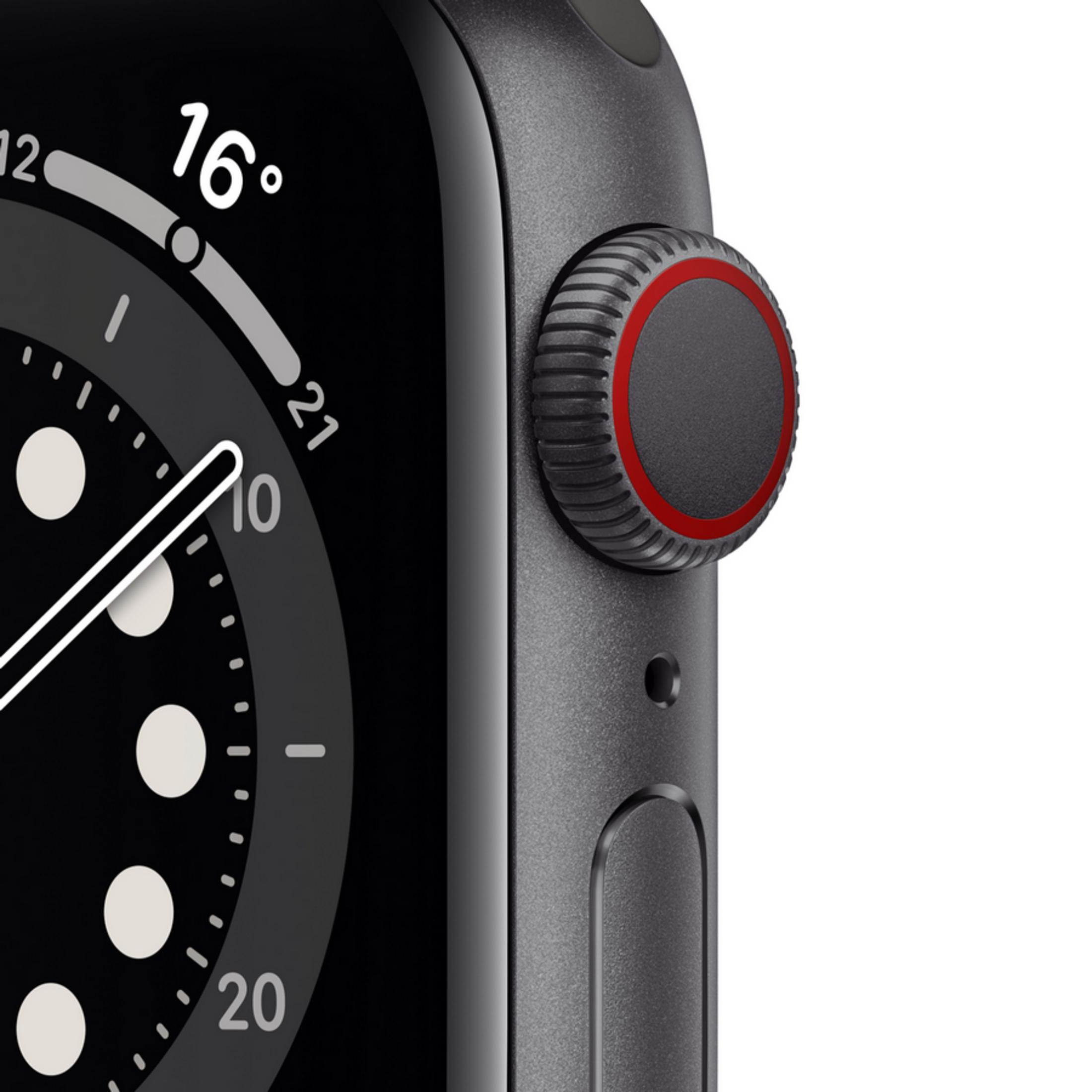 Primer plano de un reloj inteligente oscuro con anillo rojo en la corona. El reloj muestra 16°.