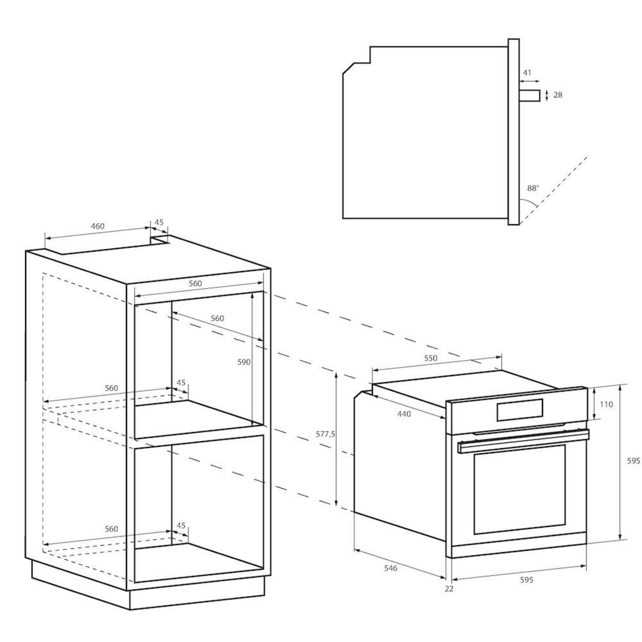 Disegno tecnico di un forno da incasso con dimensioni e misure di installazione.