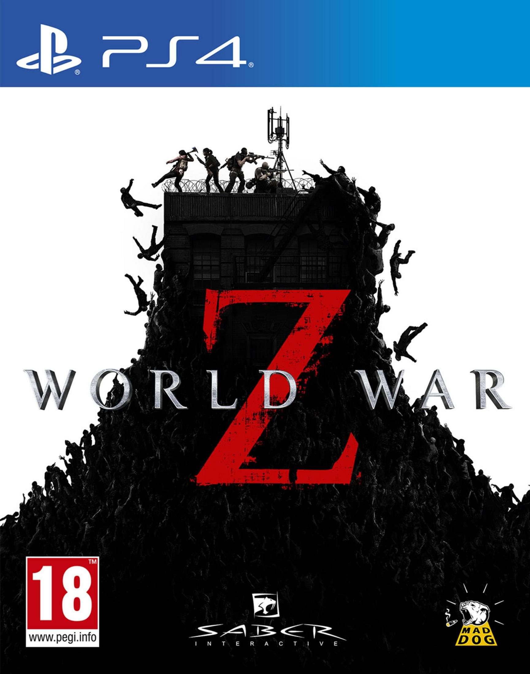Copertina gioco PS4: Orde di zombie scalano un edificio. Logo "World War Z".