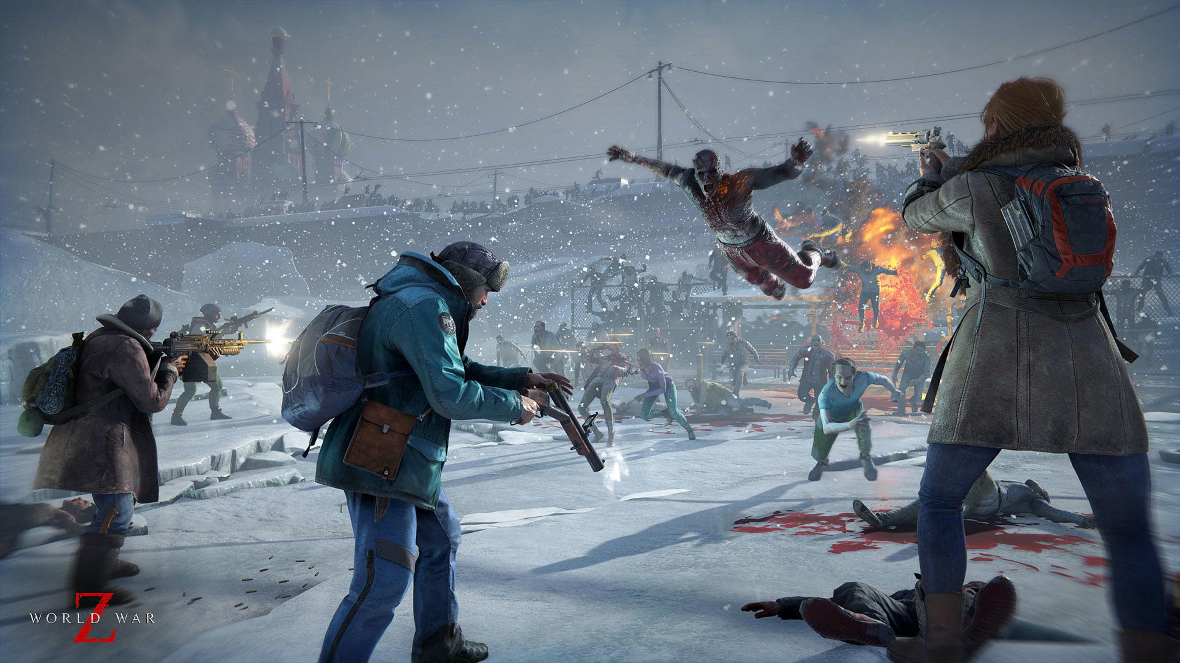 Battaglia nella tormenta di neve contro zombie davanti a una chiesa russa. La gente spara.