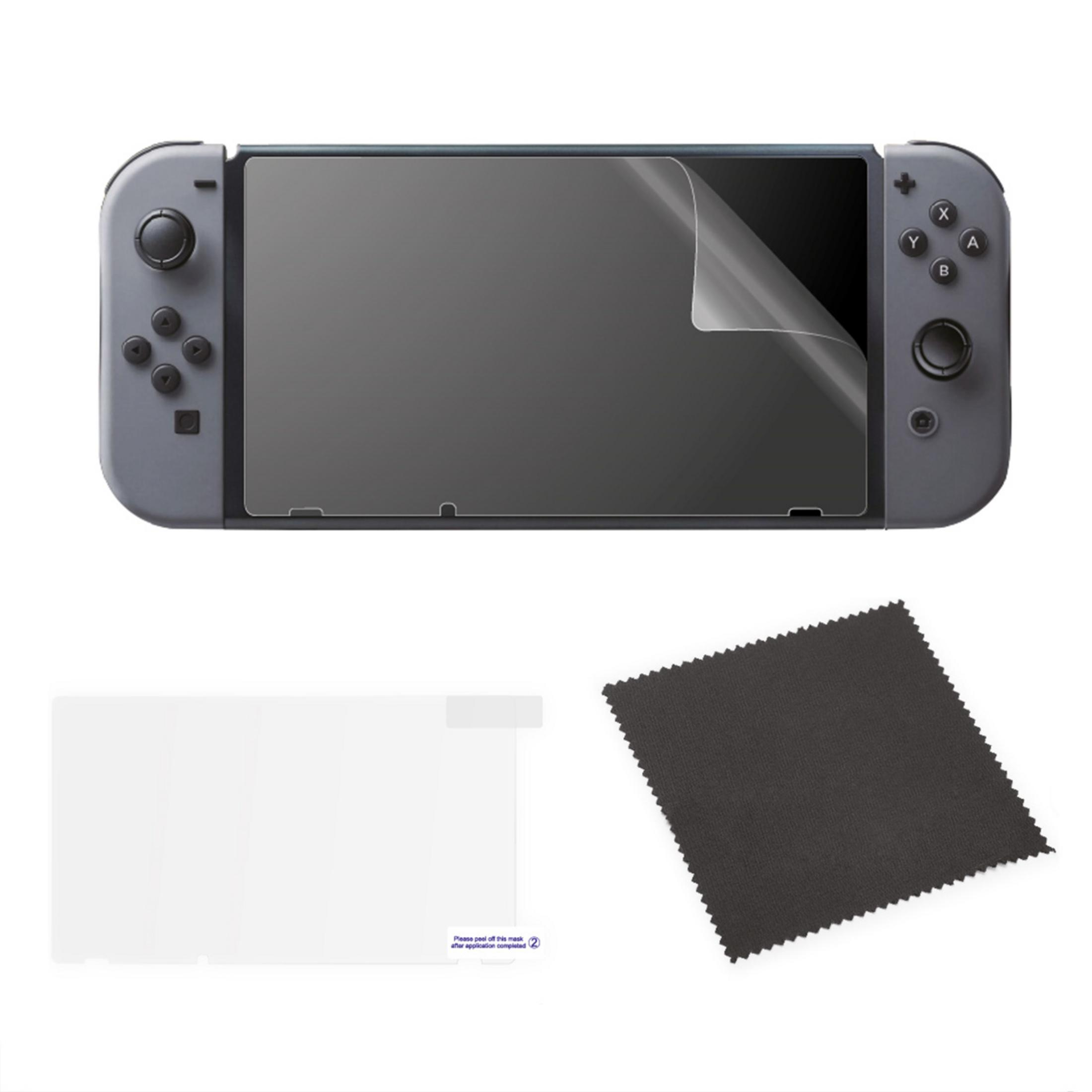 Nintendo Switch gris con protector de pantalla y paño de limpieza.